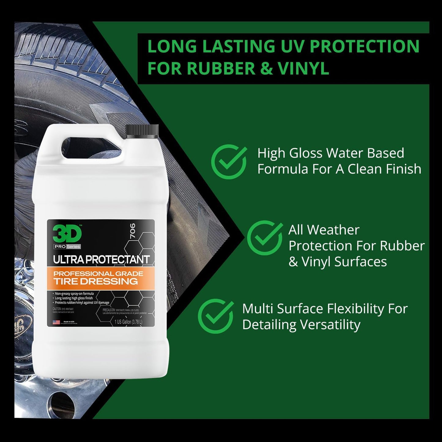 3D Ultra Protectant Tire Shine Spray – Water-Based High Gloss Tire Dressing | Long Lasting UV Protection for Rubber & Vinyl | No Sling | Made in USA |1 Gallon