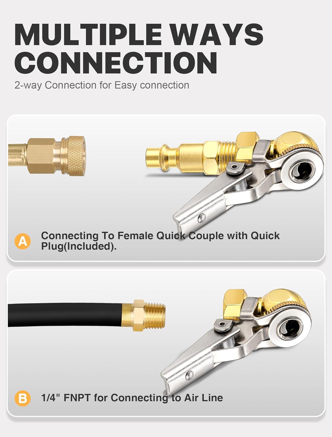 2-Pack 1/4 Inch Female NPT Closed Ball Tire Inflator with Clip, Locking Quick Connect, Clip-On Air Chucks for Truck RV Auto Car Air Compressor