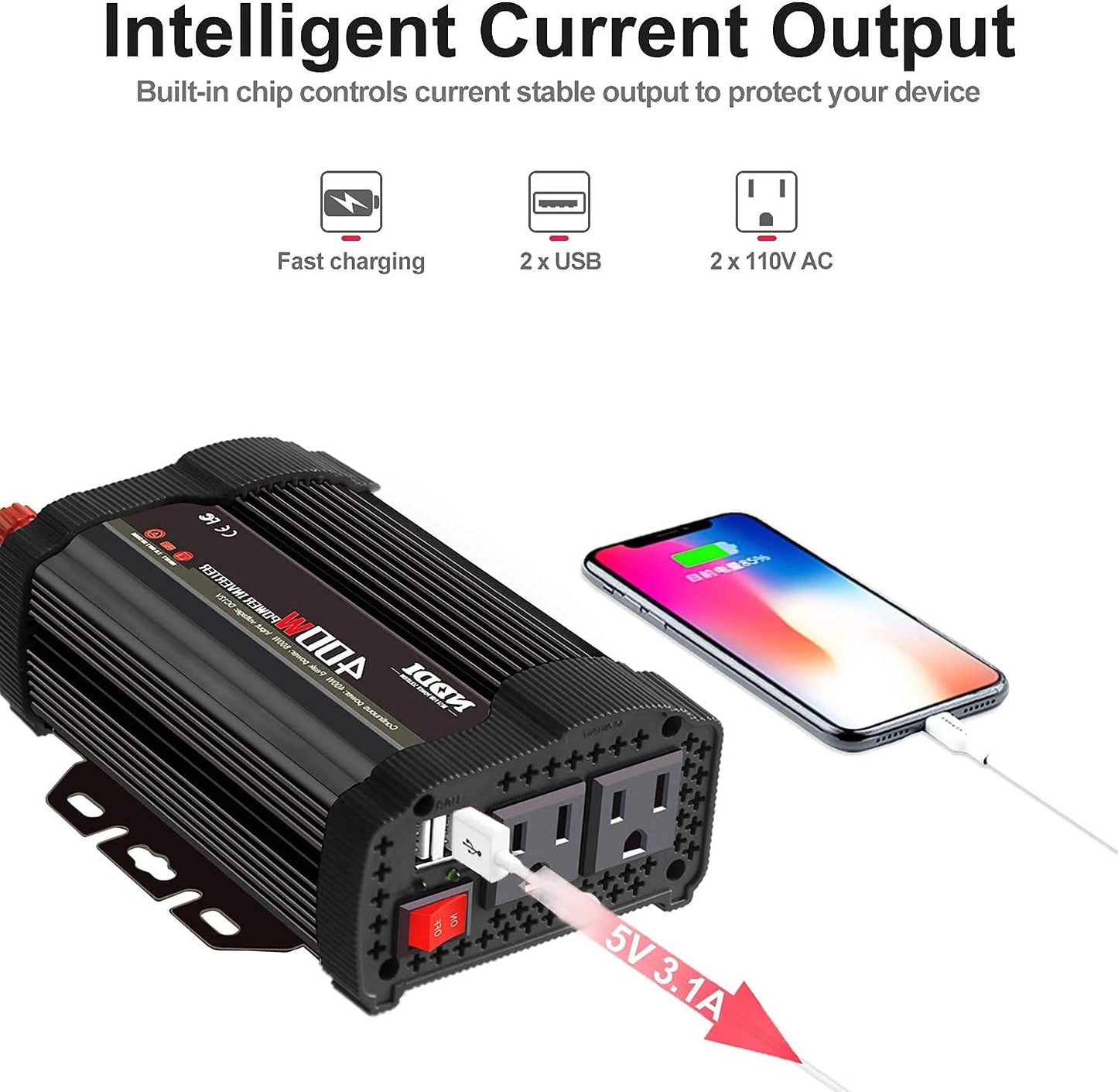 400W Car Power Inverter, DC 12V to 110V AC Converter with 2 Charger Outlets and Dual 3.1A USB Ports Cigarette Lighter Socket Adapter(Black)