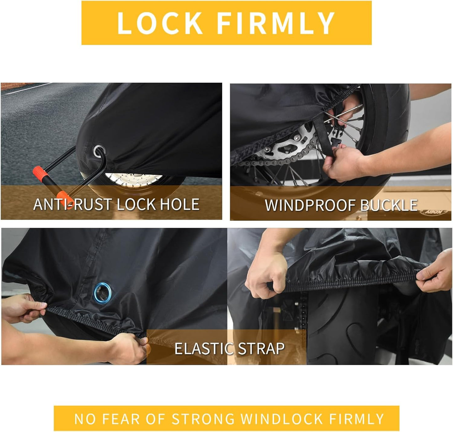 210D Motorcycle Cover All Season Waterproof Breathable Sun Outdoor Protection Three Reflective Tape with Lock-Holes & Storage Bag Bike Scooter Cover Universal (Silver and Black, 96.6''*41''*50'')