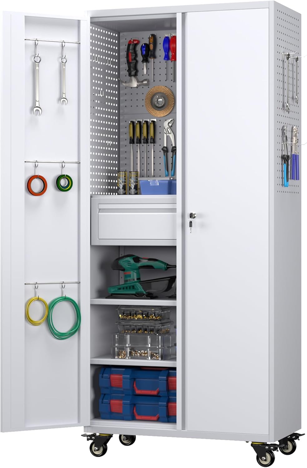 71" Metal Garage Storage Cabinet with 16 Hooks and Pegboards,1 Drawer Inside Rolling Tool Storage Cabinet with Adjustable Shelves,3 Metal Hanging Rod for Garage,Warehouse(Grey/White)