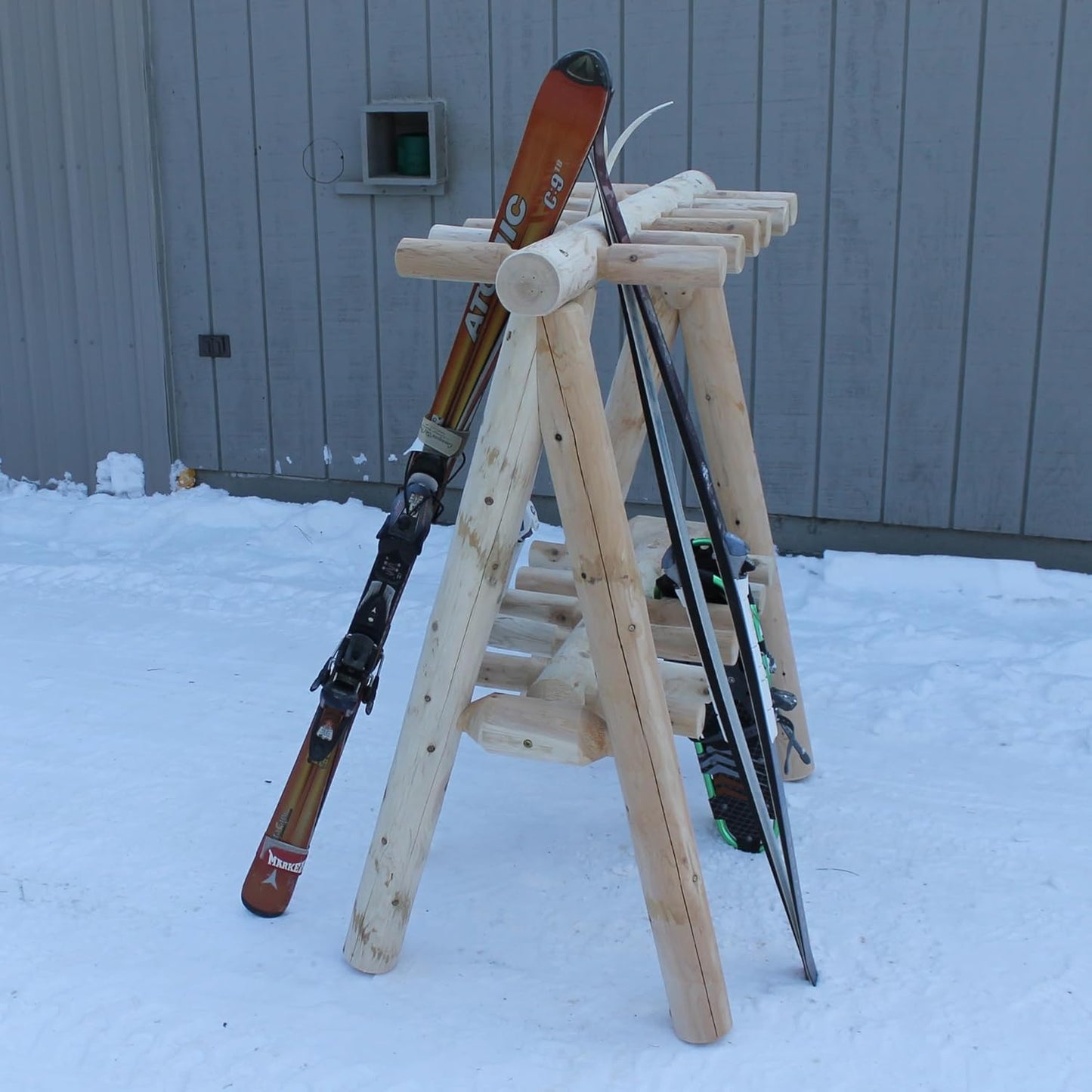 13-Place Freestanding Log Ski Rack Holder, Indoor & Outdoor Snowboard Racks, Standing Storage, Garage Racks for Snow Skis & Poles, Snowboard Rack Garage Storage Organizer - Unfinished + 15" Anchor Kit
