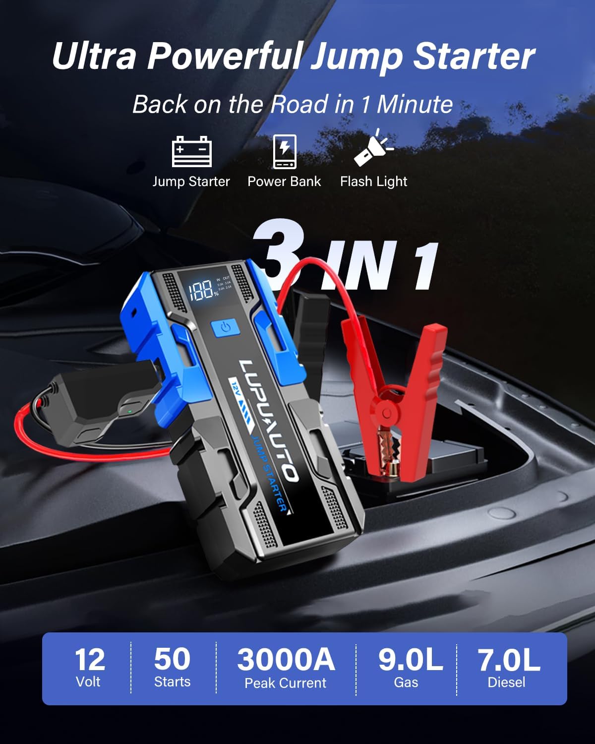 3000A Jump Starter, Portable Car Battery Jump Starter for Up to 9.0L Gas & 7.0L Diesel Engines, Car Battery Booster Pack with Built-in LED Light