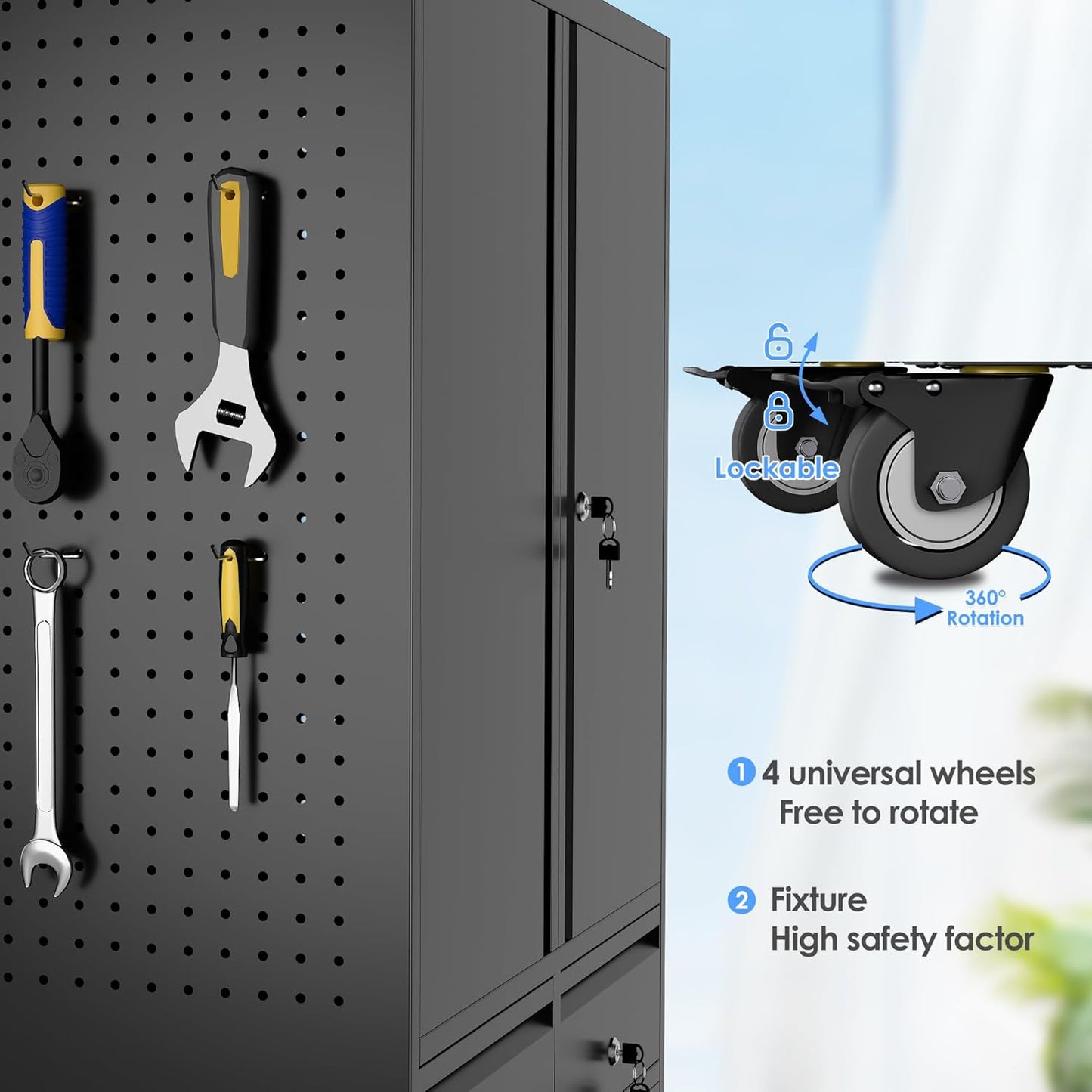 71" Metal Garage Storage Cabinet with 8 Hooks and Pegboards,2 Drawer Rolling Tool Storage with Locking Doors and Adjustable Shelves,Heavy Duty Steel Tool Cabinet for Garage, Warehouse