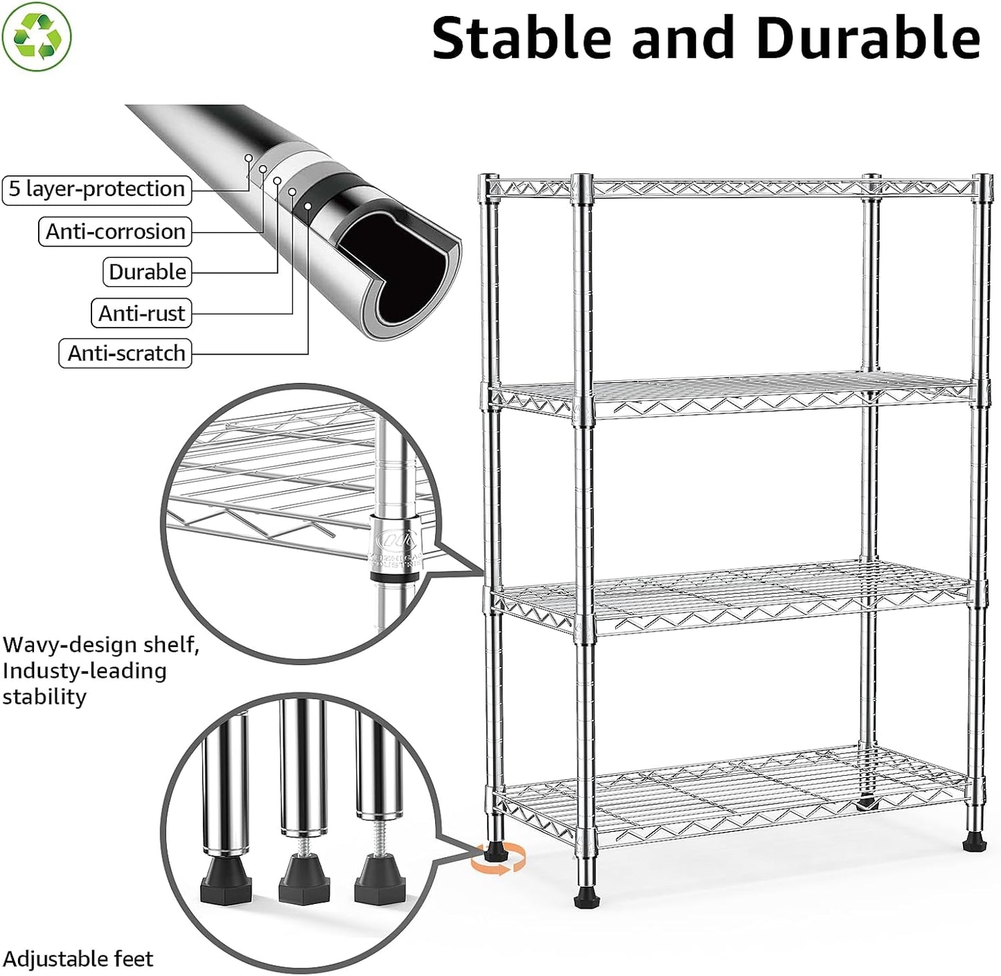 1000 lbs Storage Shelving 4-Tier Utility Shelving Unit Steel Organizer Wire Rack for Home,Kitchen,Office,Chrome (13.7" D x 23.6" W x 53.4" H)
