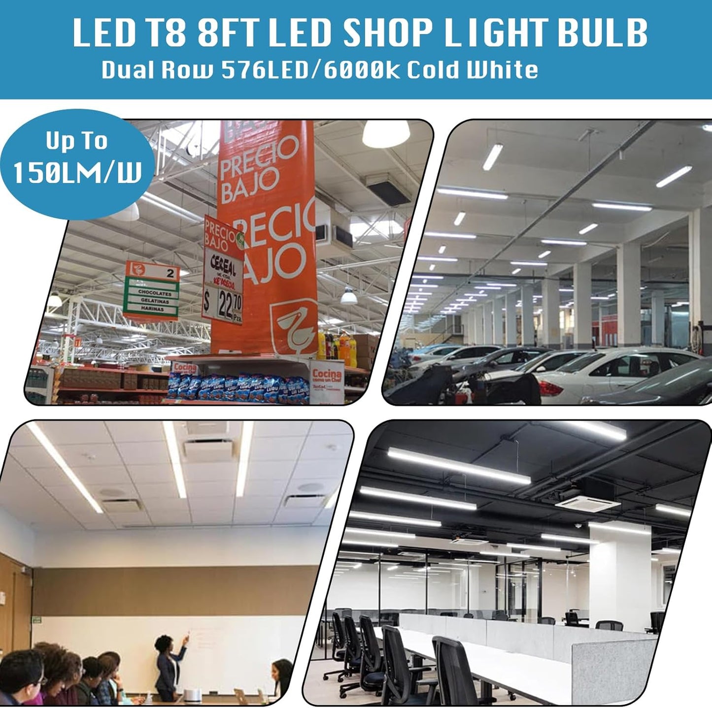 4 Pack,Led Shop Lights, 8FT Led Shop Light,100W 6000K 15000LM Clear White,Led Shop Light 8FT 110V Linkable Integrated Flat-Shape for Shop Garage,Warehouse