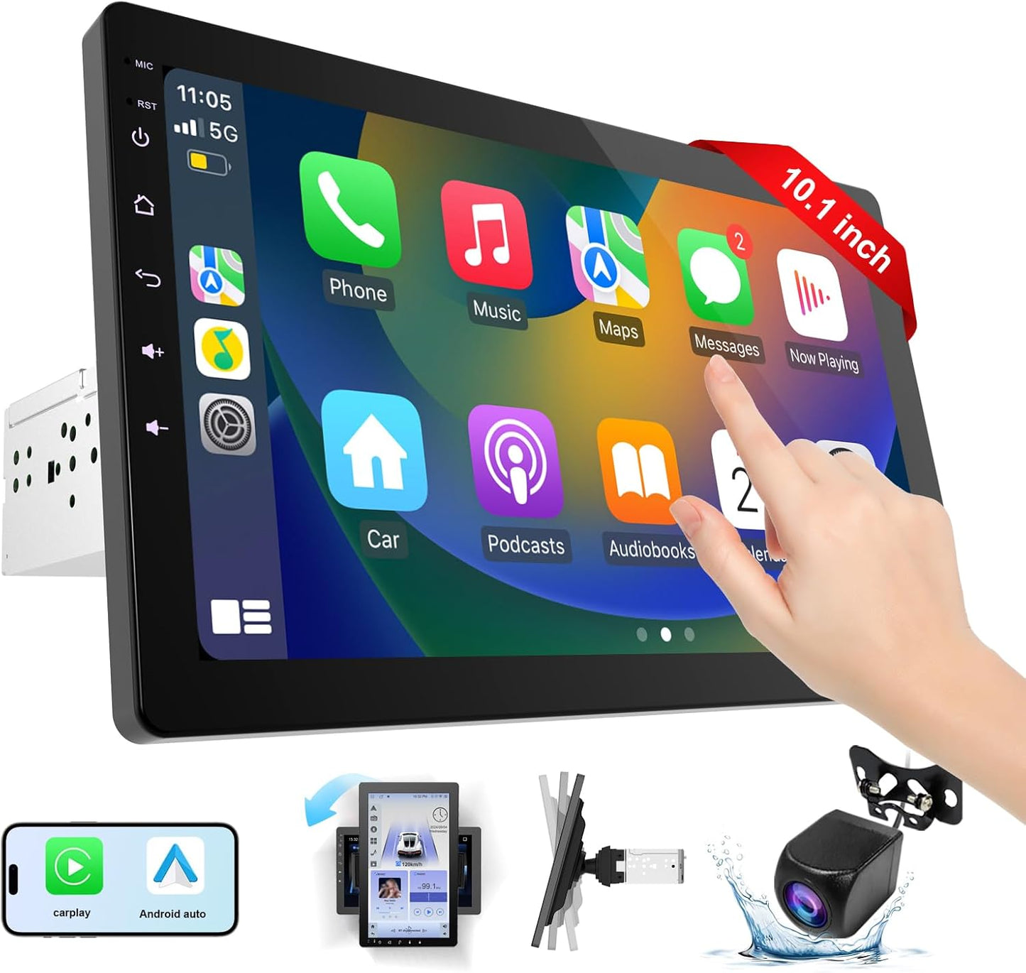 10.1 Inch Rotatable Carplay Screen for Car and Android Auto,Single Din Car Stereo with 1080P Backup Camera,Touch Screen GPS Navigation,Bluetooth,Voice Control