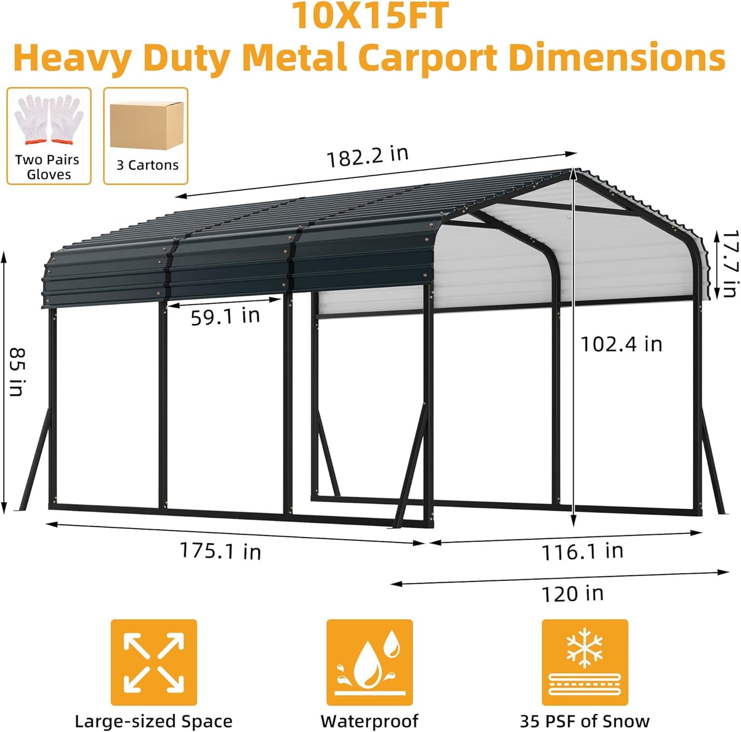 10' x 15' Heavy Duty Metal Carport with Galvanized Steel Roof, Metal Roof Carport with Enhanced Base, Tall Metal Carport Kits Garage for Tractors, Pickup, Boat, Car