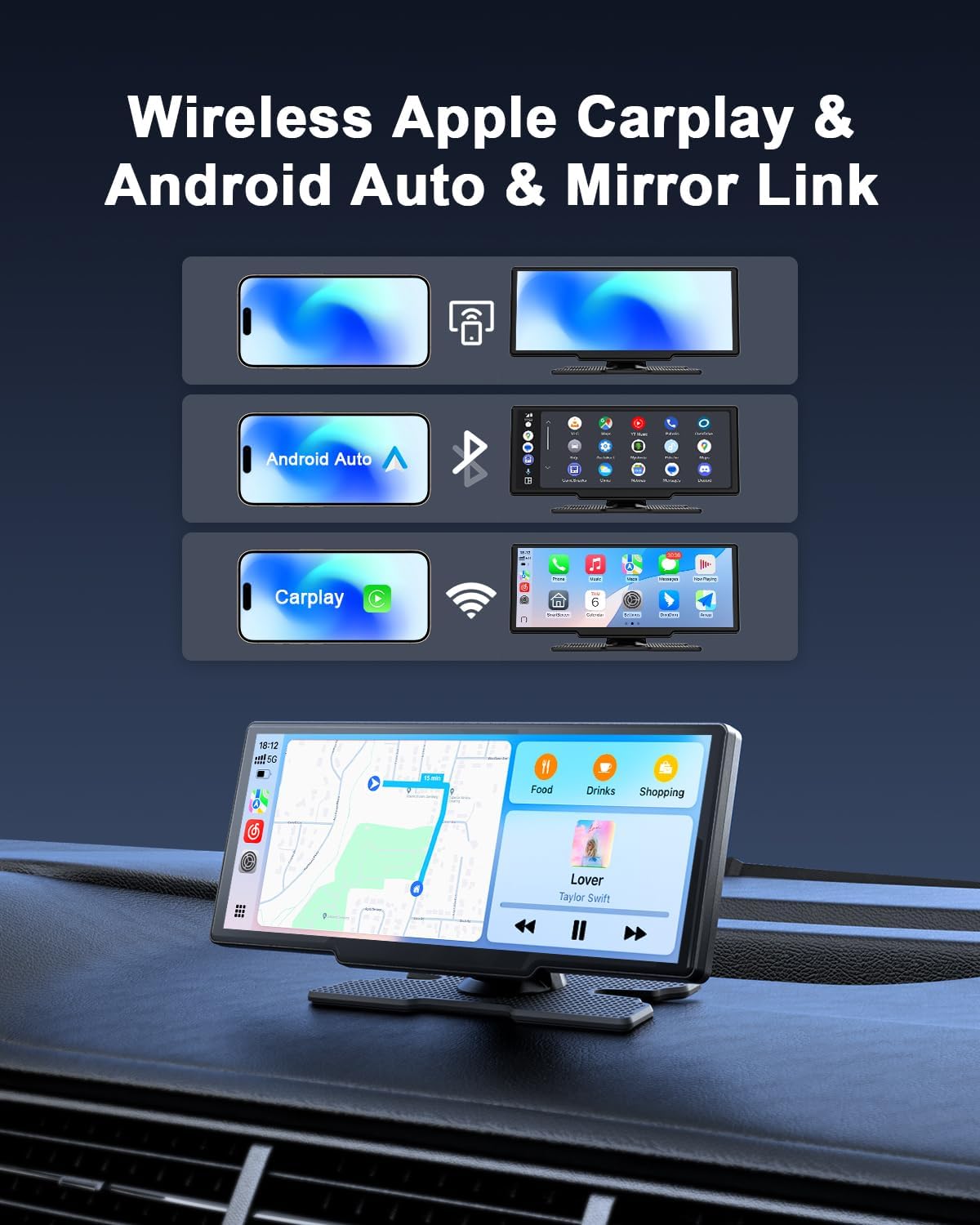 8.1'' Wireless Apple Carplay Screen for Car, Android Auto with Backup Camera, Portable Car Stereo Touchscreen with OTA/GPS Navigation/Mirror Link/Voice Control/Bluetooth/AUX/FM/WiFi