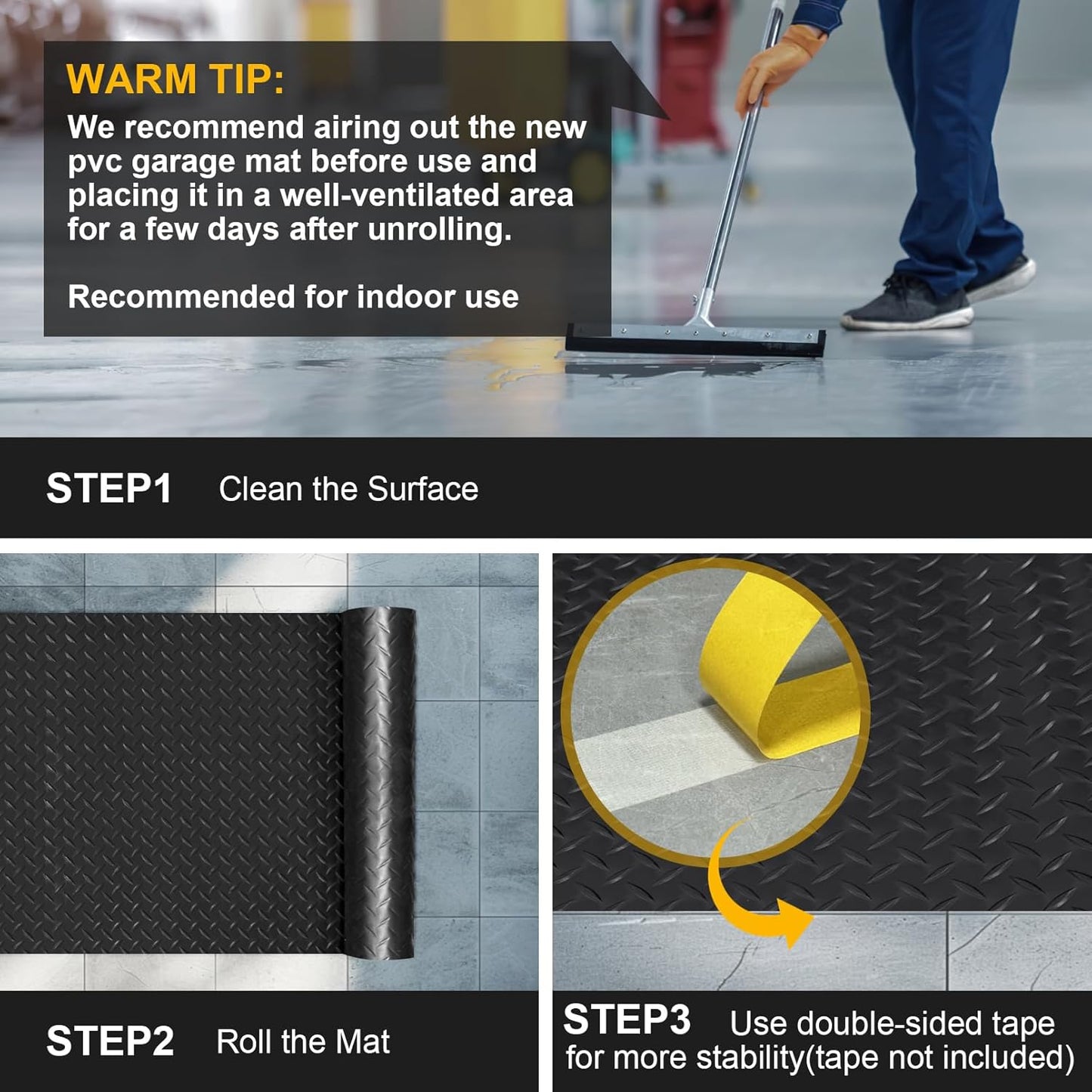 4x6 FT Garage Floor Mat, 2 Rolls 2.8mm Thickened Flooring Roll 48 sqft Diamond Plate PVC Rubber Trailer Mat, Non-Slip Floor Mat for Garage, Motorcycle, Trailer, Pickup Truck, Black