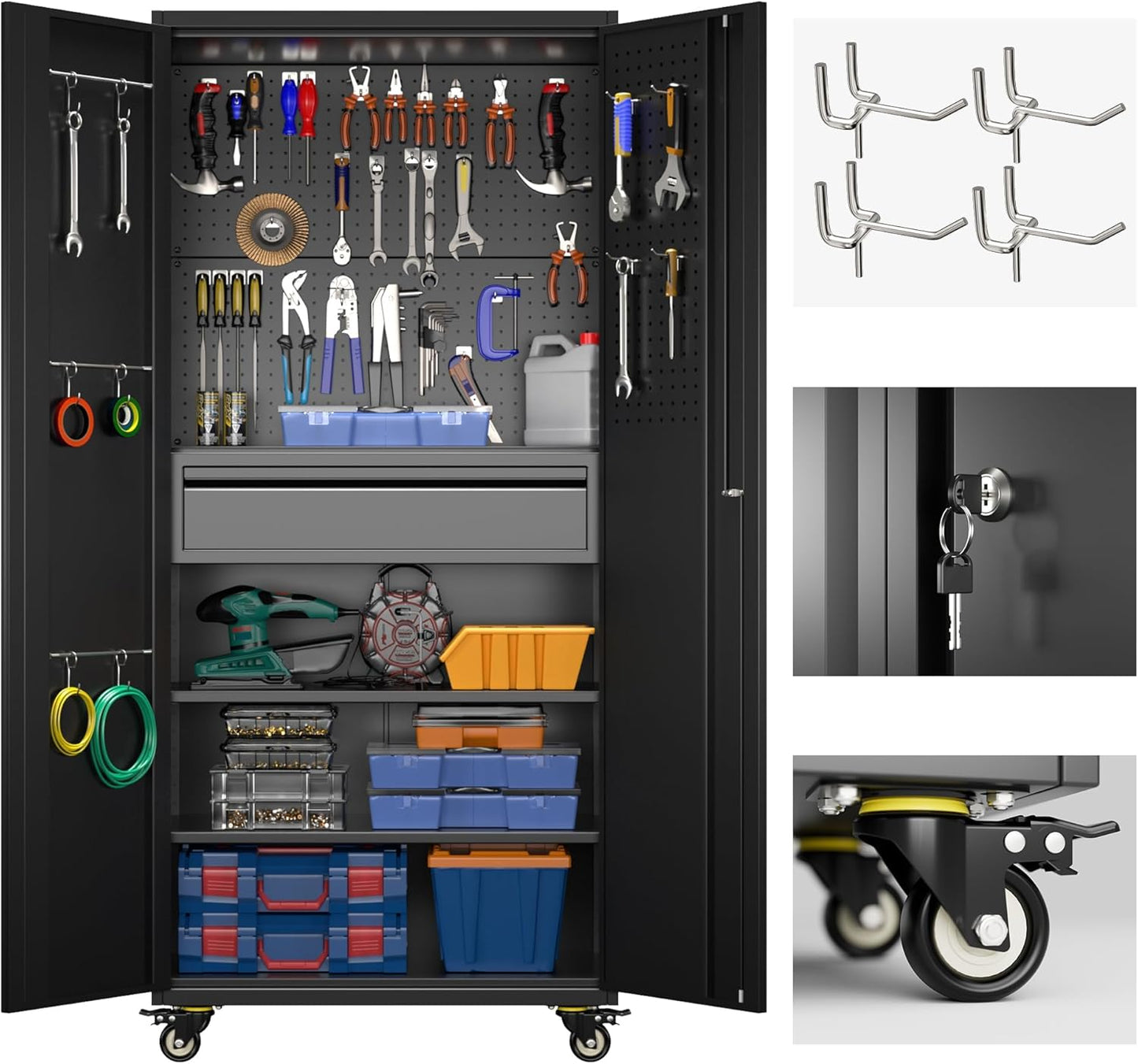 71" Metal Garage Storage Cabinet with 16 Hooks and Pegboards,1 Drawer Inside Rolling Tool Storage Cabinet with Adjustable Shelves,3 Metal Hanging Rod for Garage,Warehouse