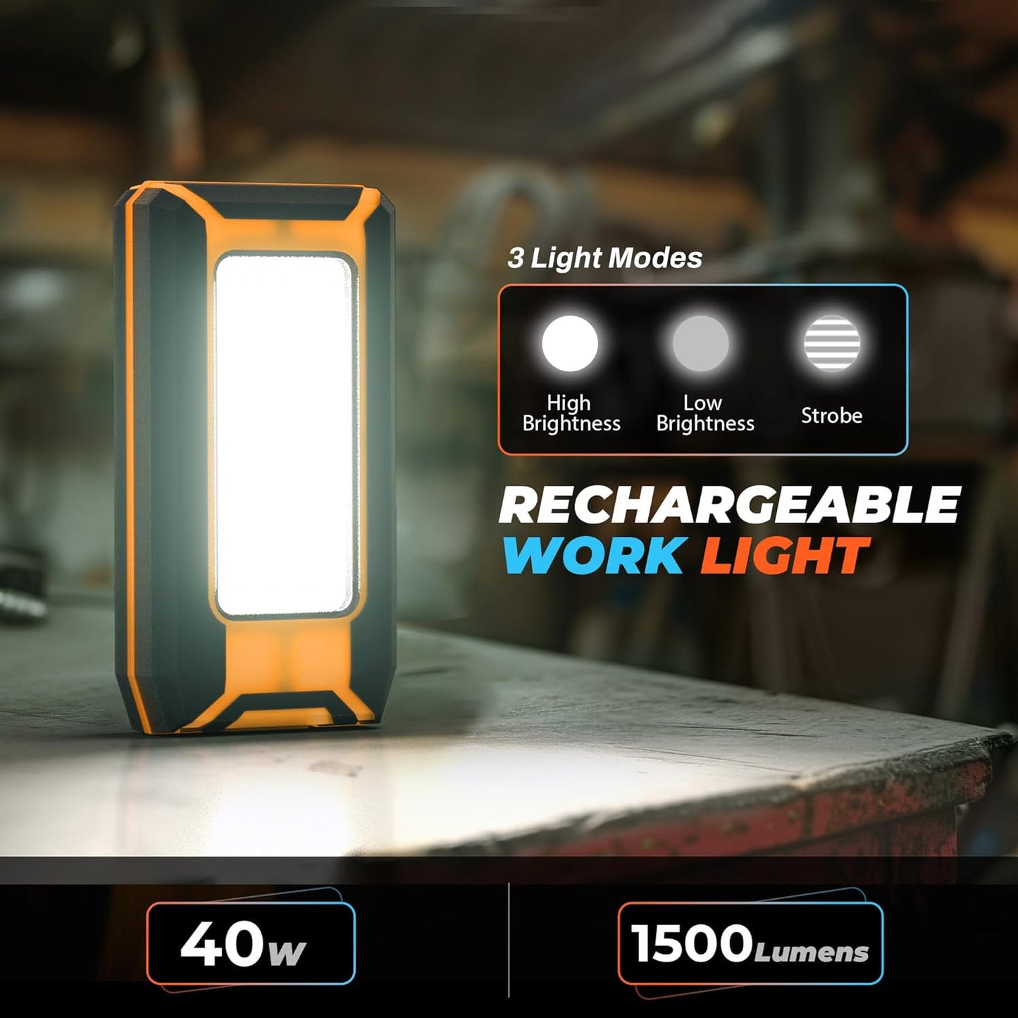 2-Pack LED Rechargeable Magnetic Work Light 40W 1500 Lumens, Hanging Hook with 3 Modes, LED Work Light for Car Repair, Camping, and Hurricane Use