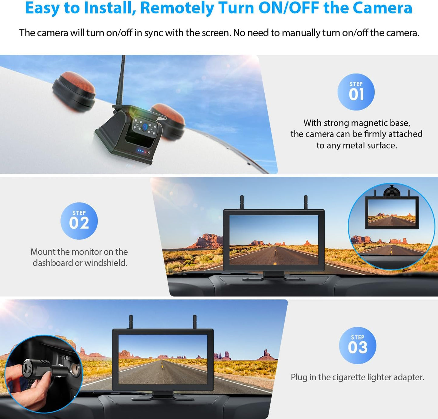 4 Magnetic Solar Wireless Backup Camera HD1080P DVR 10.1" Touchscreen Monitor, Quad RV Rearview Backup Cameras Wireless System for RV Trailer Tractor, Built-in 9600mAh Solar Battery, BL104