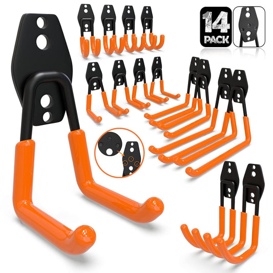 3-H Garage Wall Hooks 14 Pack, Garage Hooks Heavy Duty with Extra Welding Spots, Wall Mount Storage Organizer for Hanging Garden Lawn Tools Ladder Bike WeedEater Chair Shovel Blower (Orange)
