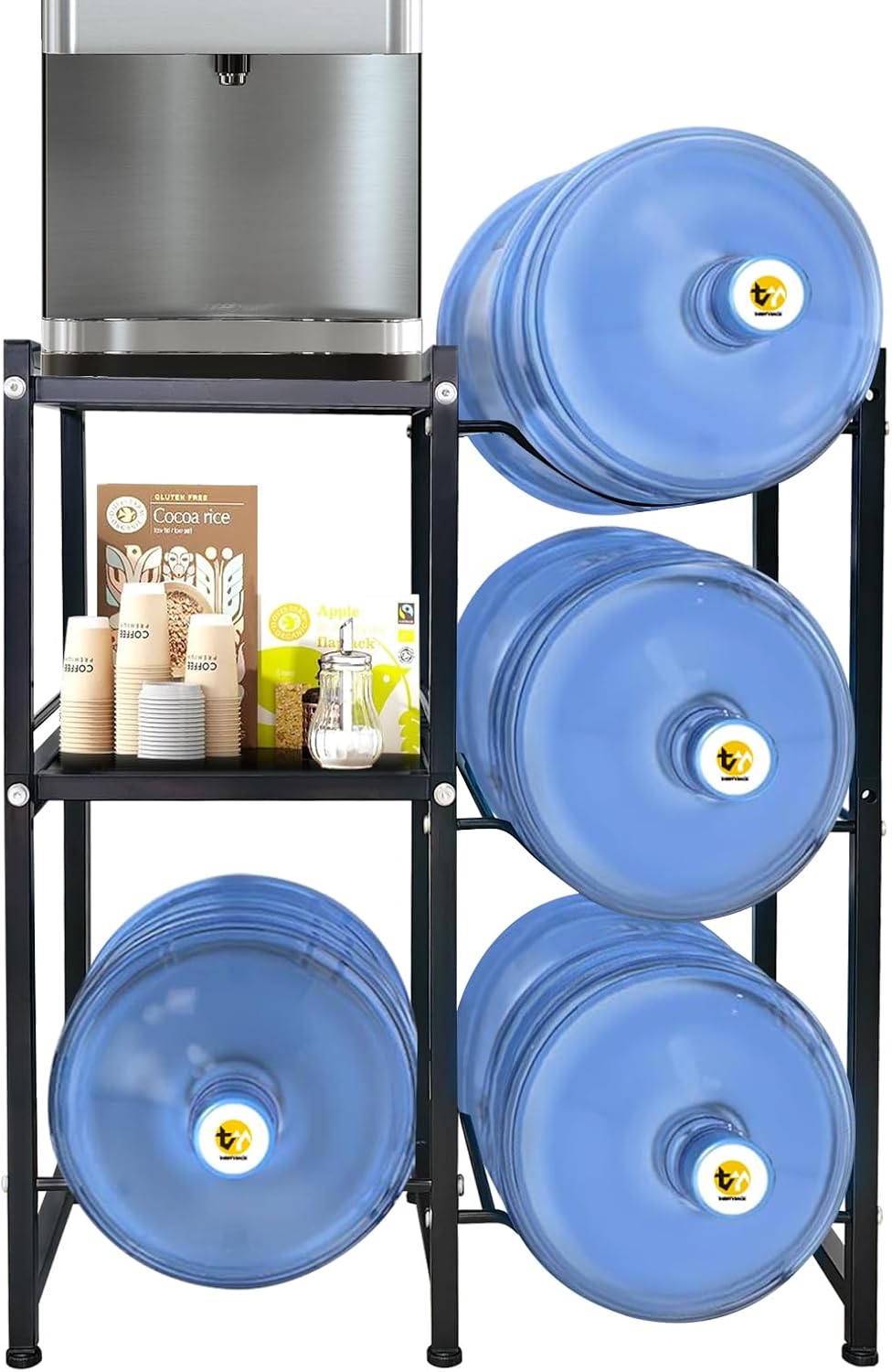 5 Gallon Water Jug Holder with 2 Storage Shelves, 3 Tier Water Bottle Holder Heavy Duty Jug Stand for Home Office Kitchen Organizer