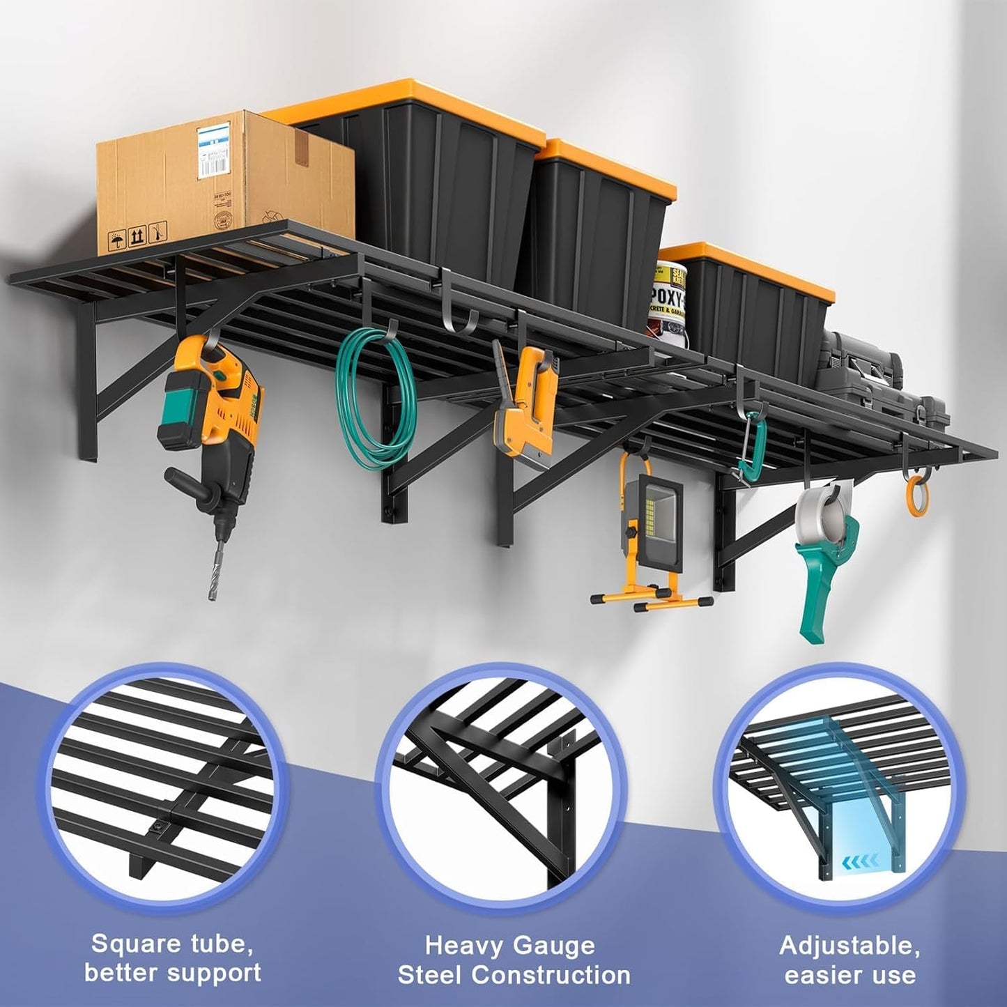 2-Pack 2x4ft Garage Shelving Wall Mounted, 2' x 4' Heavy Duty Garage Storage Shelves with Hooks, 400LB Capacity