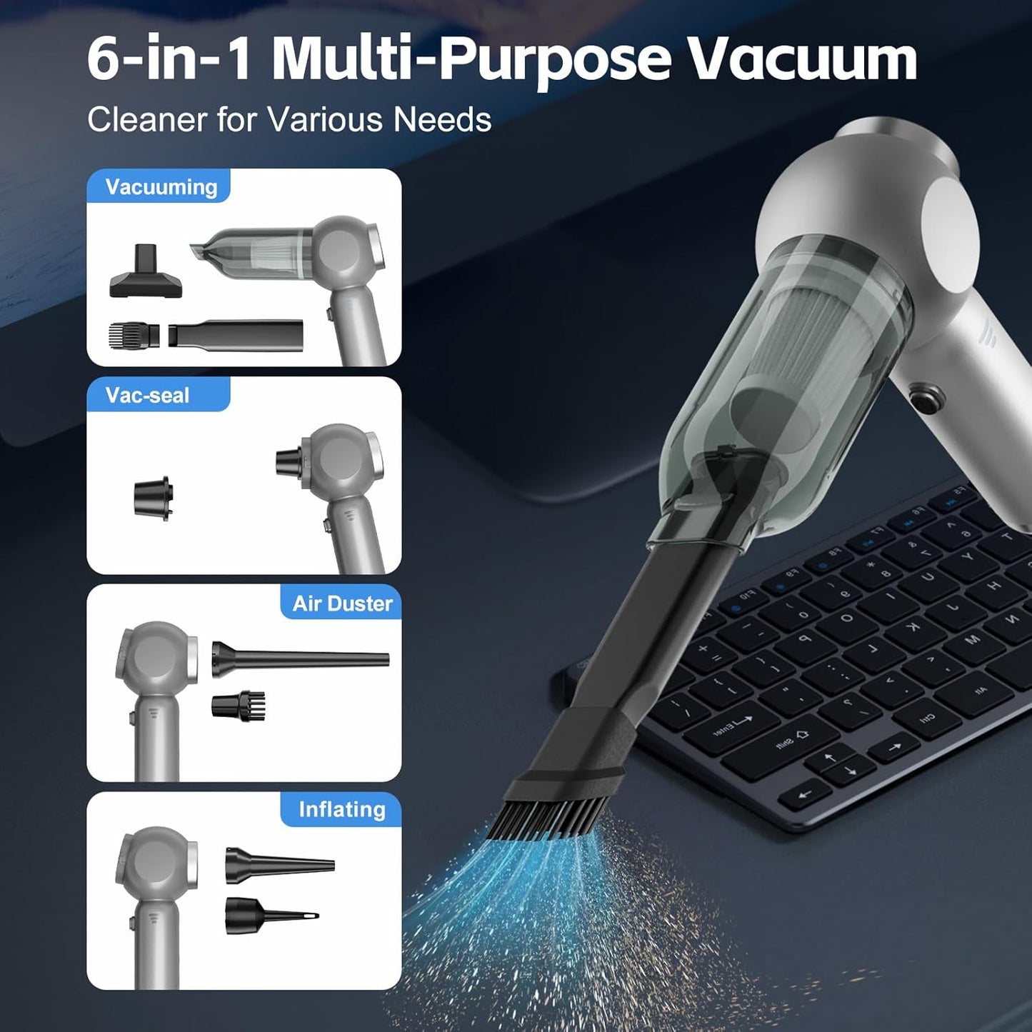 6 in 1 Car Vacuum Portable Cordless, 20000PA Mini Vacuum Cleaner High Power Brushless Motor, Handheld Vacuum Cordless Compressed Air Duster for Car, Home, Office