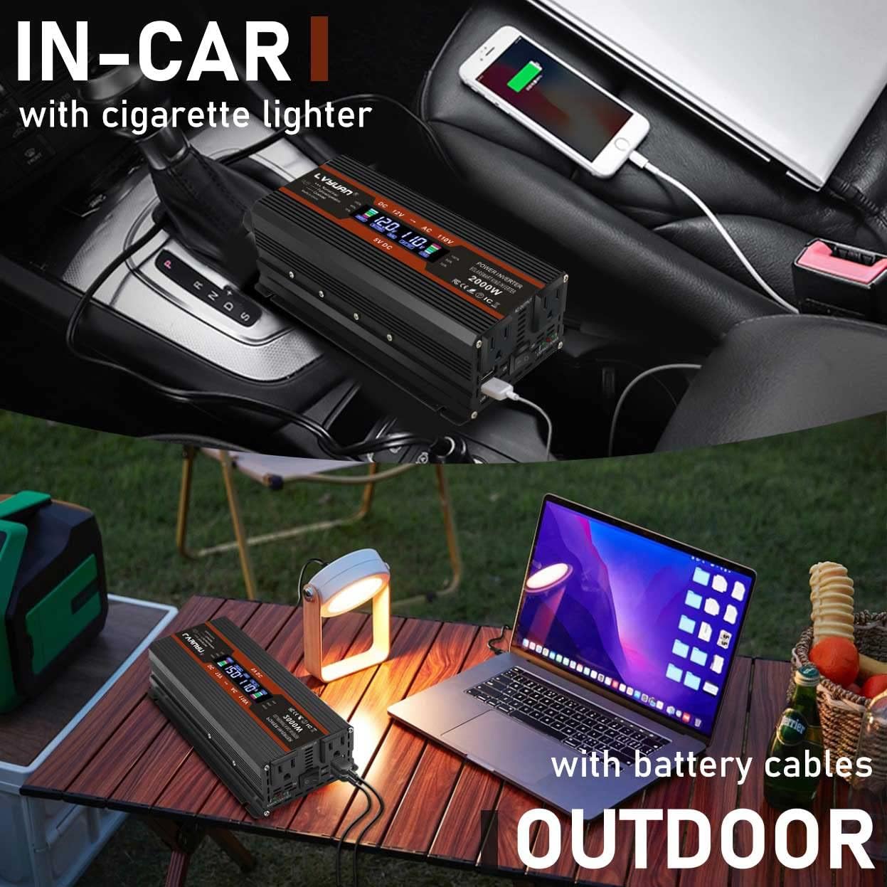 1000W/2000W (Peak) Car Power Inverter 12v to 110v DC to AC Converter with Dual AC Outlets LCD Display,1000 Watt Power Inverters for Vehicles Car RV Truck