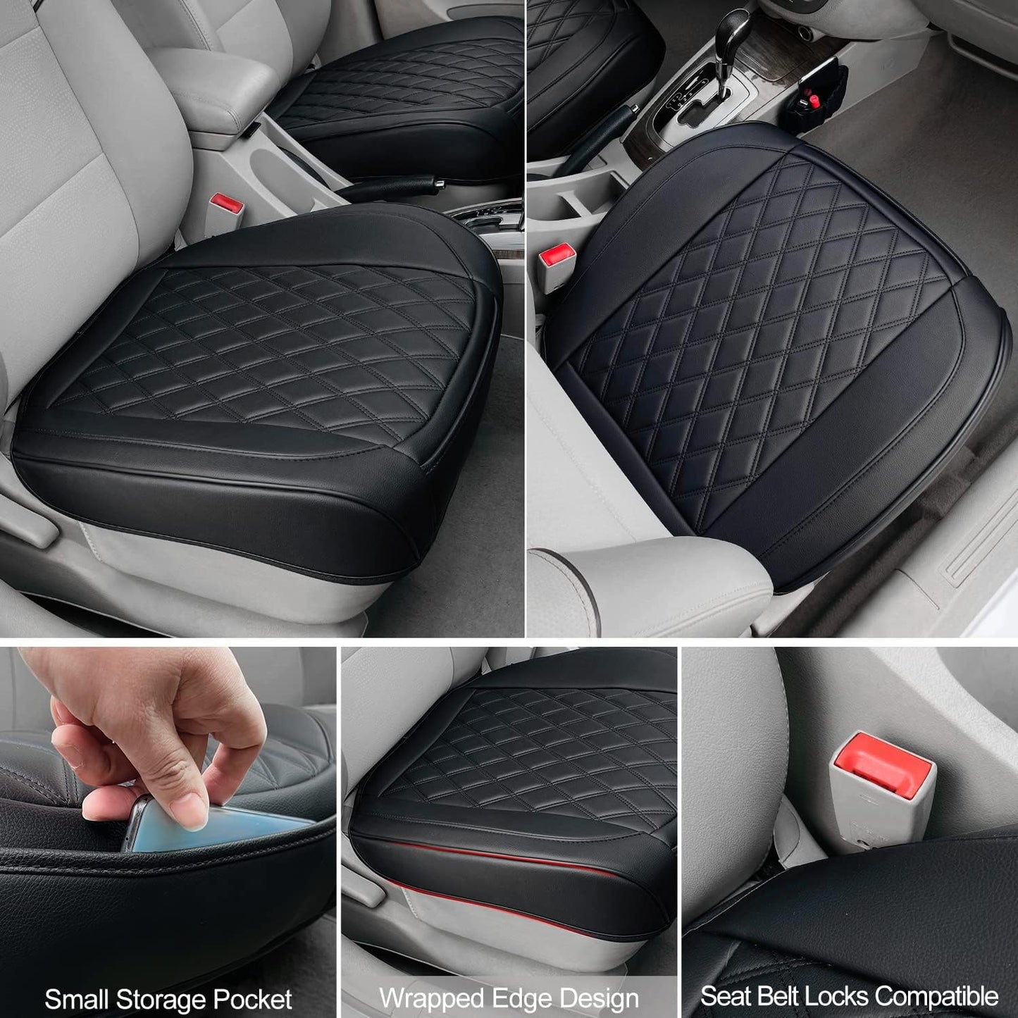 2 Pack Leather Front Car Seat Cover, Anti-Slip and Full Wrap Driver Car Seat Protectors with Storage Pocket, Luxury Waterproof Bottom Auto Seat Cushion Pad Mat for Most Vehicles(Black)