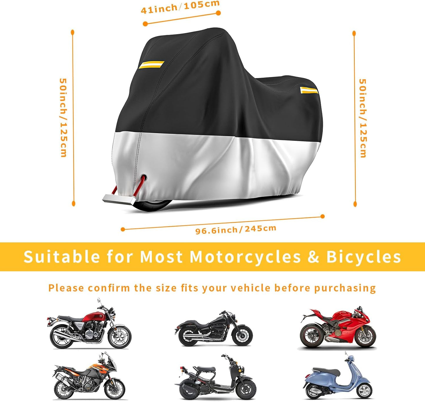 210D Motorcycle Cover All Season Waterproof Breathable Sun Outdoor Protection Three Reflective Tape with Lock-Holes & Storage Bag Bike Scooter Cover Universal (Silver and Black, 96.6''*41''*50'')
