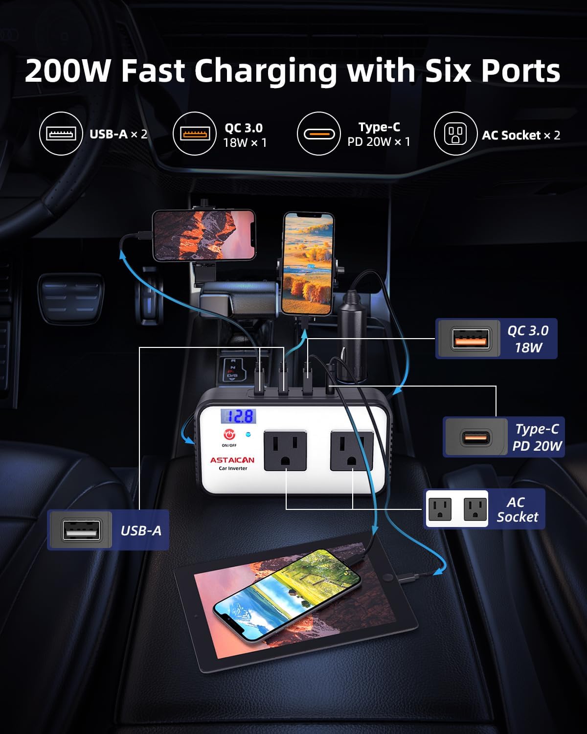 200W Car Power Inverter, DC 12V to 110V AC Car Plug Adapter with 20W USB-C & 18W USB-A Dual AC Outlet, PD/QC Fast Car Charger for Laptop, Vehicles, Road Trip Essentials, White