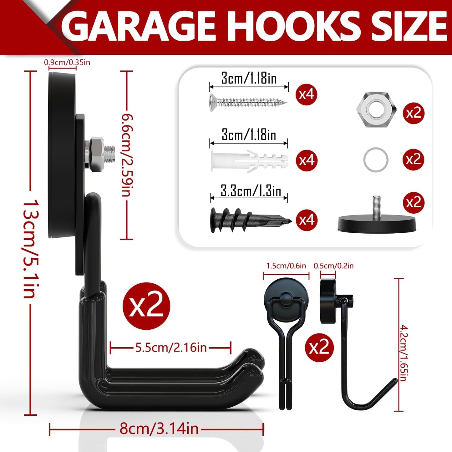 3-H Heavy Duty Magnet Garage Hooks 2 Pack, Large Strong Magnetic Hooks for Hanging Cordless Power Drill, Utility Magnetic Tool Holder for Metal Cabinet, Steel Pegboard, Toolbox, Garage(Black)