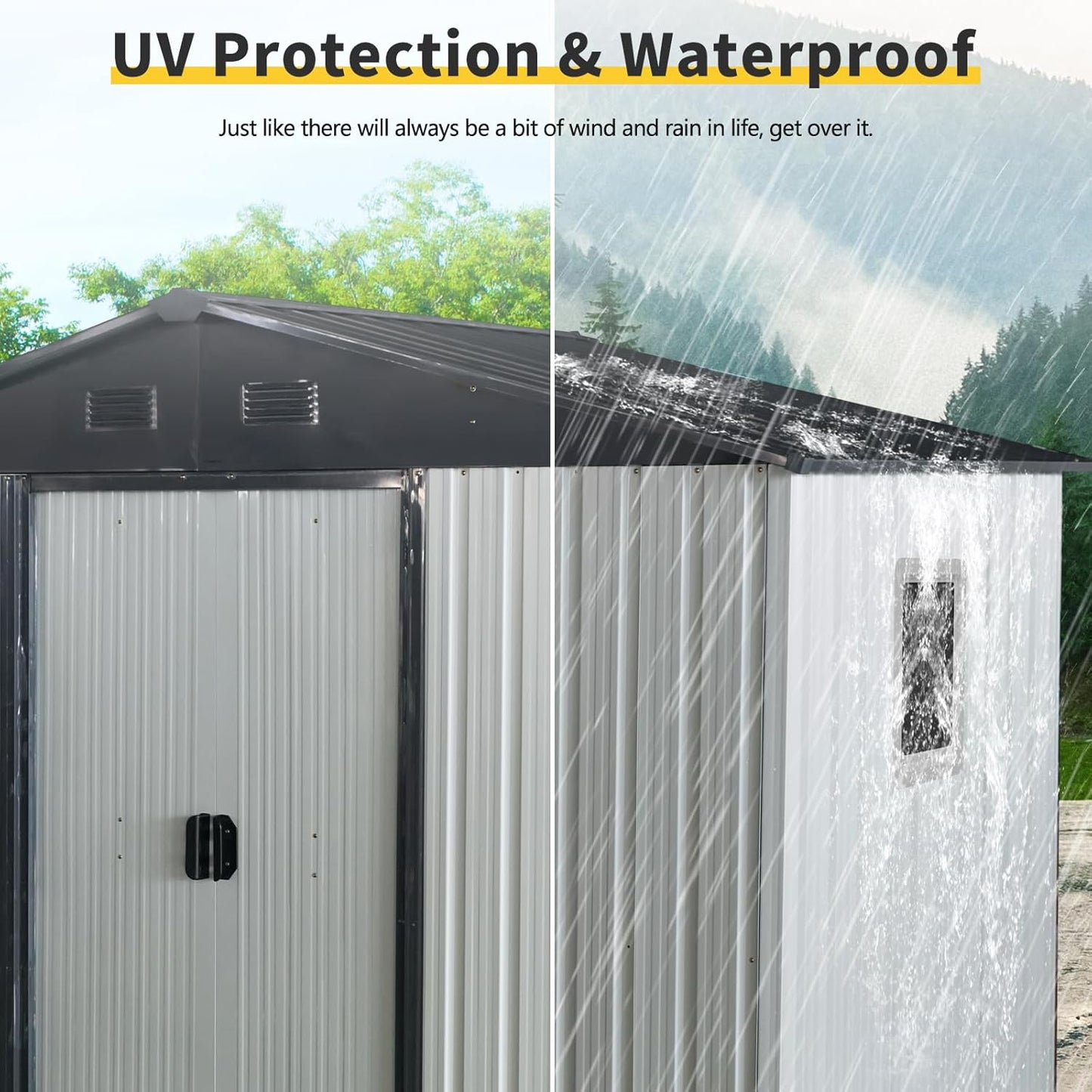 4x8 FT Outdoor Storage Shed, Metal Garden Shed with Frame Floor, Outside Tool Shed with Window, Waterproof Storage Building with Lockable Sliding Doors & Sloped Roof for Backyard, Patio, White+Black