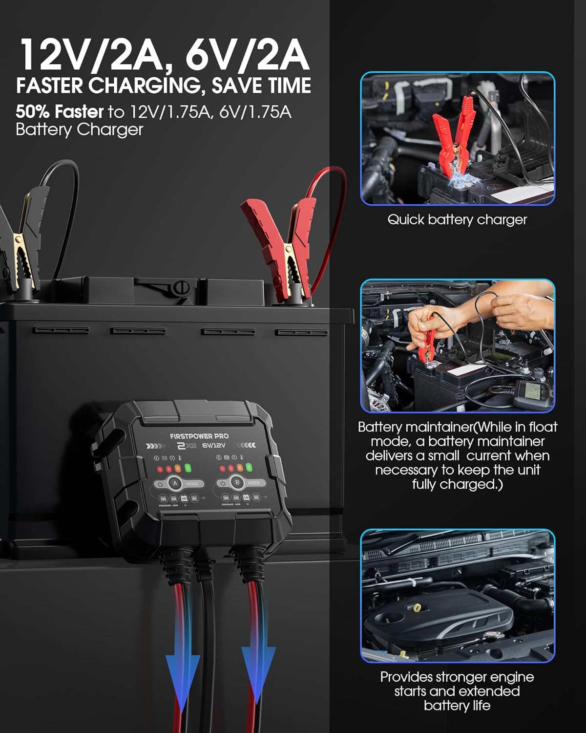 2-Bank, 4A (2A/Bank) Trickle Charger for Car Battery, 12V 6V Car Battery Charger, Automotive Battery Trickle Charger, Battery Maintainer, for Car Motorcycle Lawn Mower AGM, Lithium Batteries