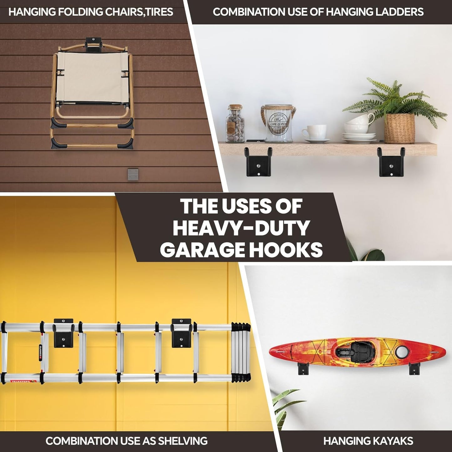 14" Large Heavy Duty Garage Hooks, 2-Pack Steel Garage Storage Hooks with Support Rods, Utility Wall Mount Hangers for Power Tools, Car Tires, Ladders, Chairs, Garden Tools and More