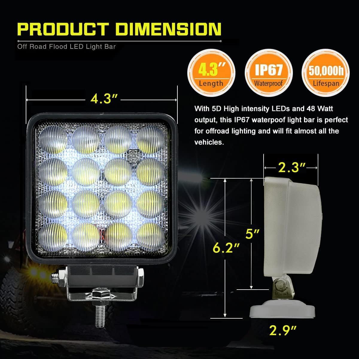 2PACK 48W LED Work Lights 12/24 Volt 5500LMS 4.3INCH Wide Ultra Bright Square LED Flood Light, 5D Lens Waterproof Led Pod Lights for Truck Tractor Off Road ATV UTV Boat Golf Cart