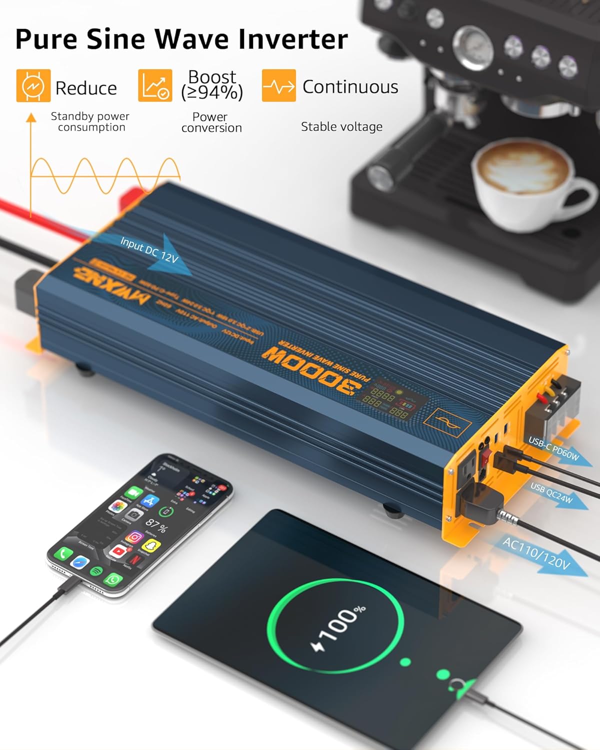 3000W Pure Sine Wave Power Inverter DC 12V to 110V 120V with Fast Charging Type-C& 3 USB Ports LCD Display Remote Controller Power Inverters for Vehicles,RV,Truck,Home,Off-Grid Solar System