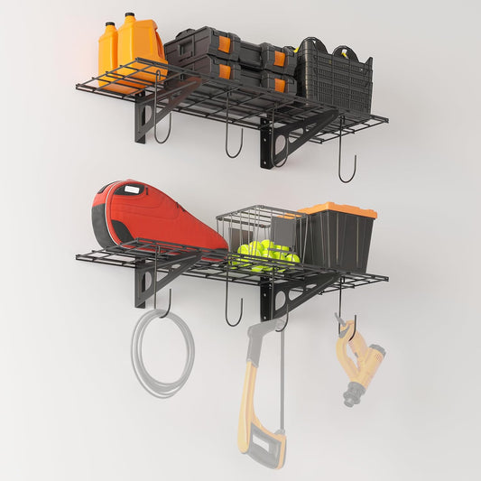 1x3 ft Garage Shelving with 8 Bike Hooks, 2-Pack Wall-Mounted Shelves for Garage, Kitchen, Pantry Storage, 300 lbs Total Load Capacity Garage Wall Shelving, Black