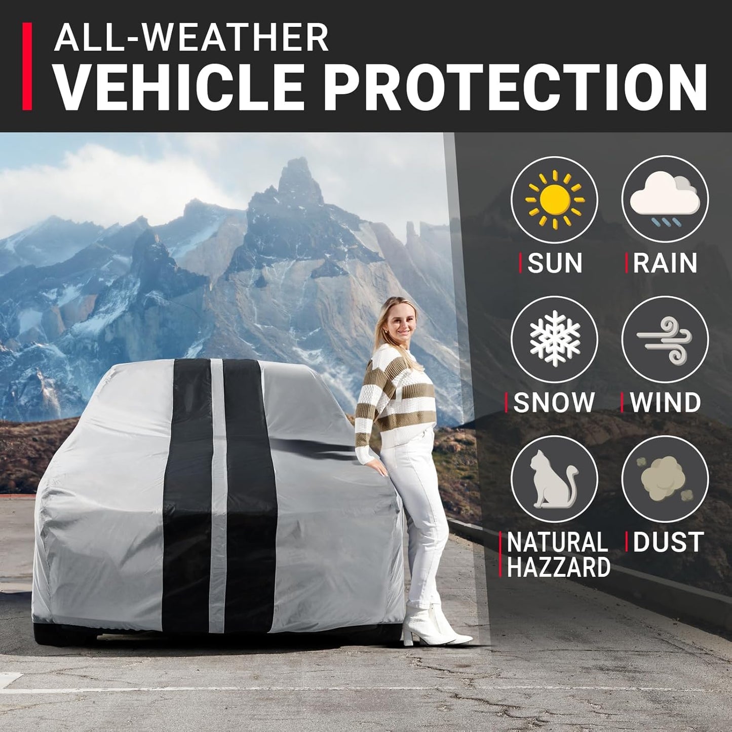 iCarCover Custom Car Cover for Pontiac Ventura (1960-1961) Waterproof All-Weather Rain Snow UV Sun Protector Full Exterior Indoor Outdoor Car Cover (Stripe - Gray/Black)