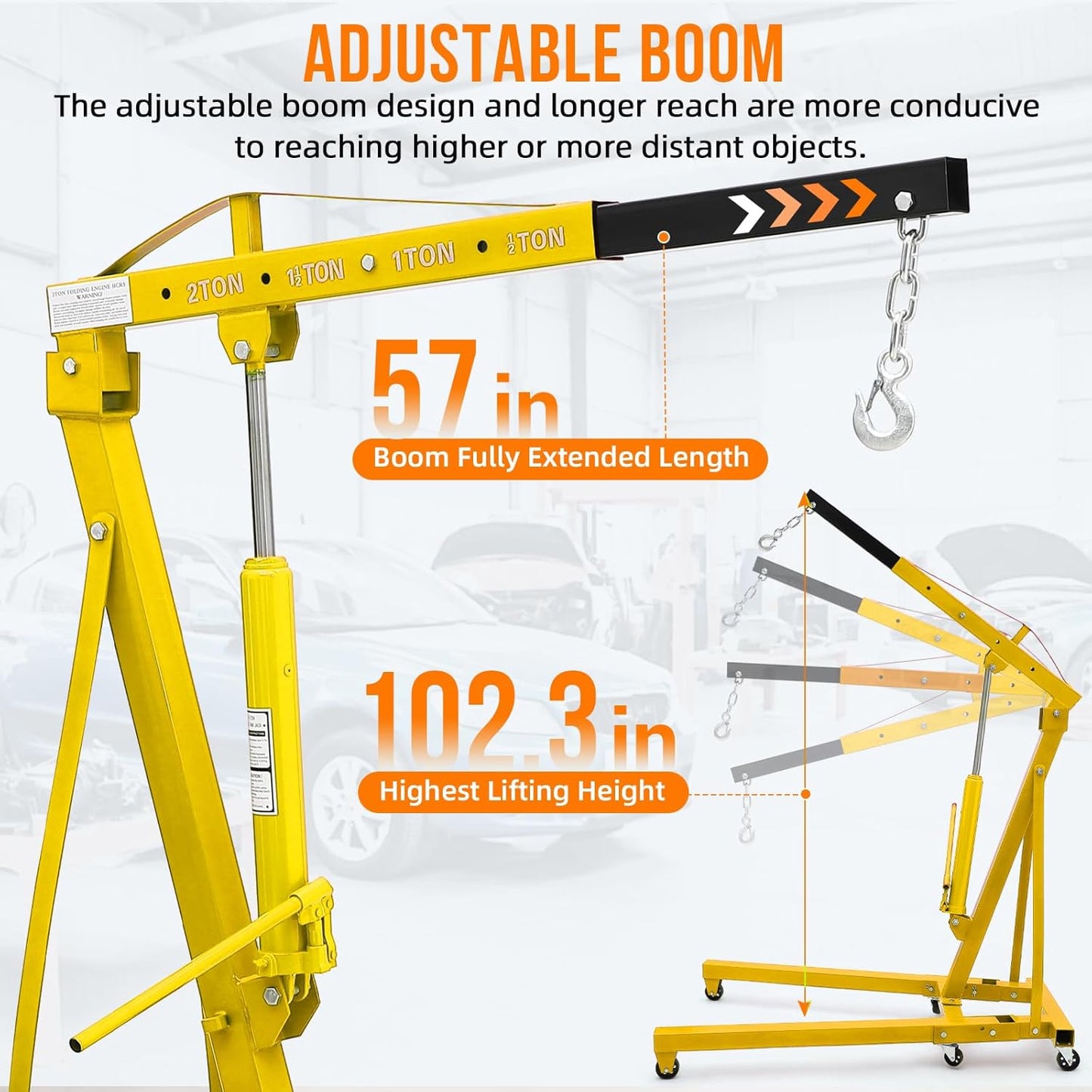 2 Ton Engine Hoist, 4000 Lbs Heavy Duty Folding Cherry Picker Engine Lift Hydraulic Tilting Engine Shop Crane with 6 Iron Caster Wheels Telescopic Boom Hitch,Yellow