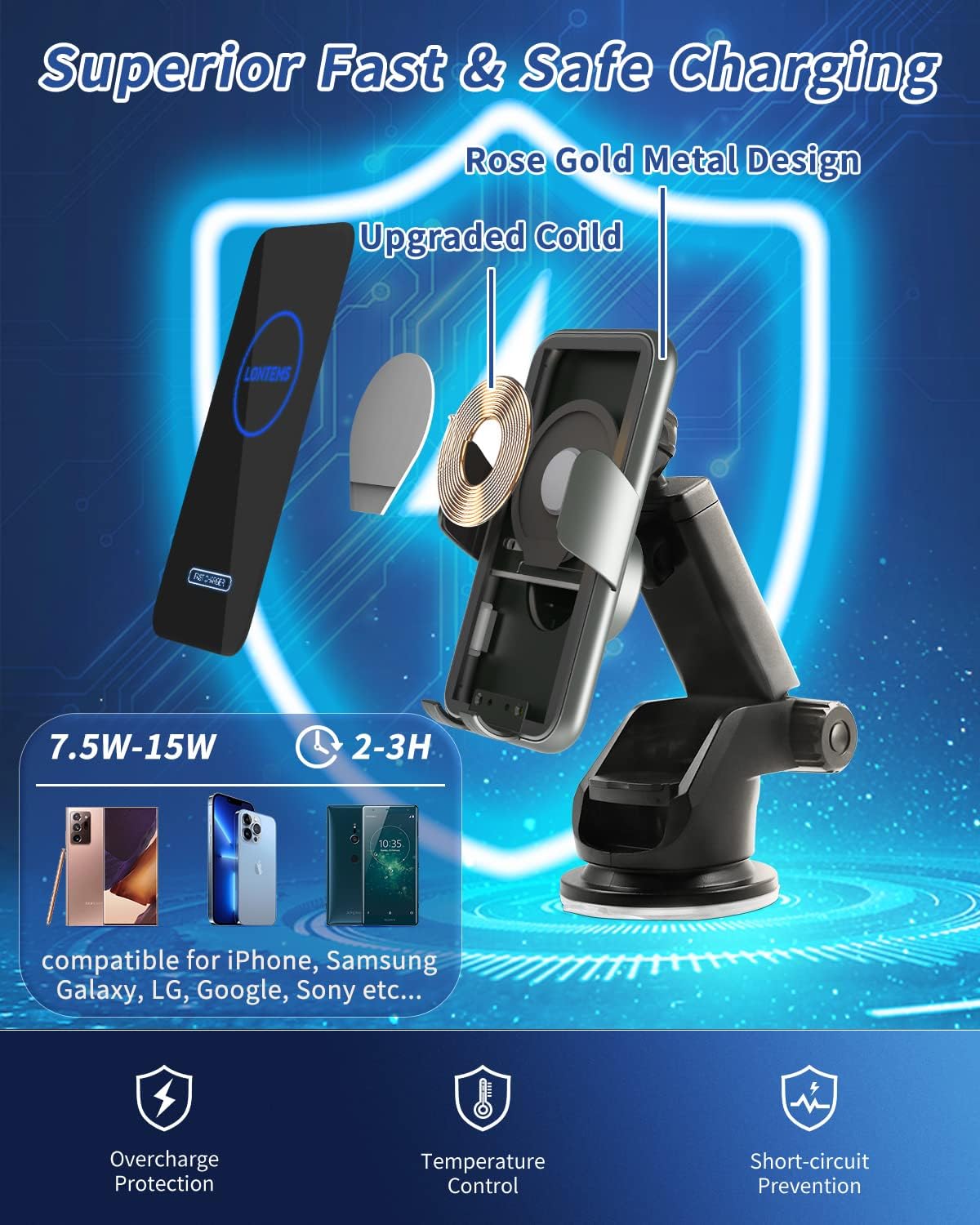 15W Car Mount Charger Qi Fast Wireless Charging Phone Mount, Windshield Dashboard Air Vent Auto Clamping Phone Holder for iPhone 11 12 13 14, 15, 16 Max Xs, Samsung S21 S22, S20, S10+ etc, Google Grey