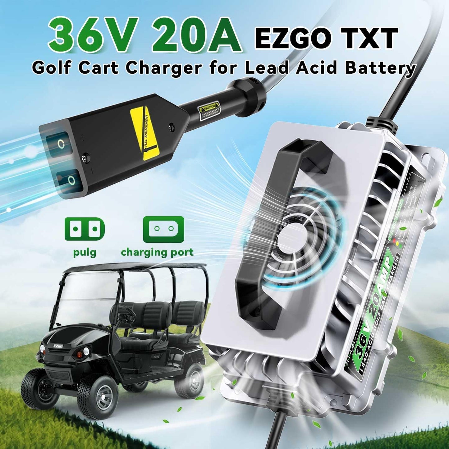 36 Volt 20 AMP Golf Cart Battery Charger for EZGO TXT with D Style Plug for 36V Lead Acid Battery