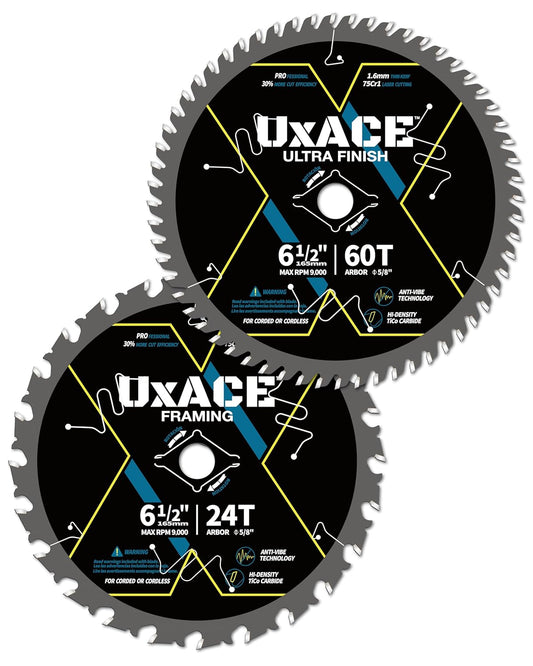 6-1/2-Inch 24&60-Tooth Circular Saw Blade with 5/8-Inch Arbor, Framing & Ultra Finish Wood Cutting, Carbide Tip, Thin Kerf, for Plywood, MDF, OSB, Laminated, 2 Pack