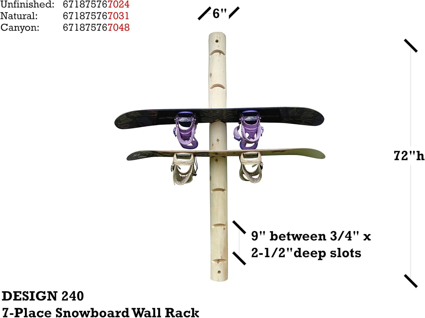 7-Place Wall-Mounted Snowboard Log Rack, Wakeboard Racks, Skateboard Holder Wall Mount, Vertical Snowboard Wall Mount Sport Storage for Garage, Skateboard Rack Walls, Wood Storage Racks - Unfinished