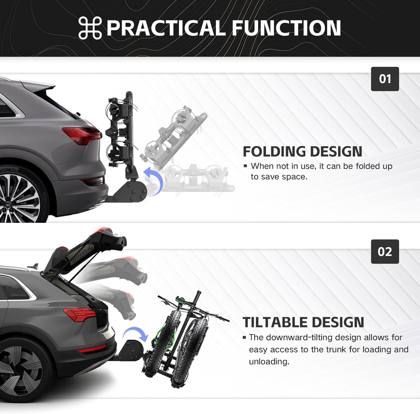 200 LBS Capacity 2 EBike Rack with Cross Bar, 5" Fat Tire Carrier with Ramp, Lockable & Foldable Electric Bicycle Racks, Bike Racks Platform Fits 2" Standard Hitch for SUVs Cars Trucks Vans