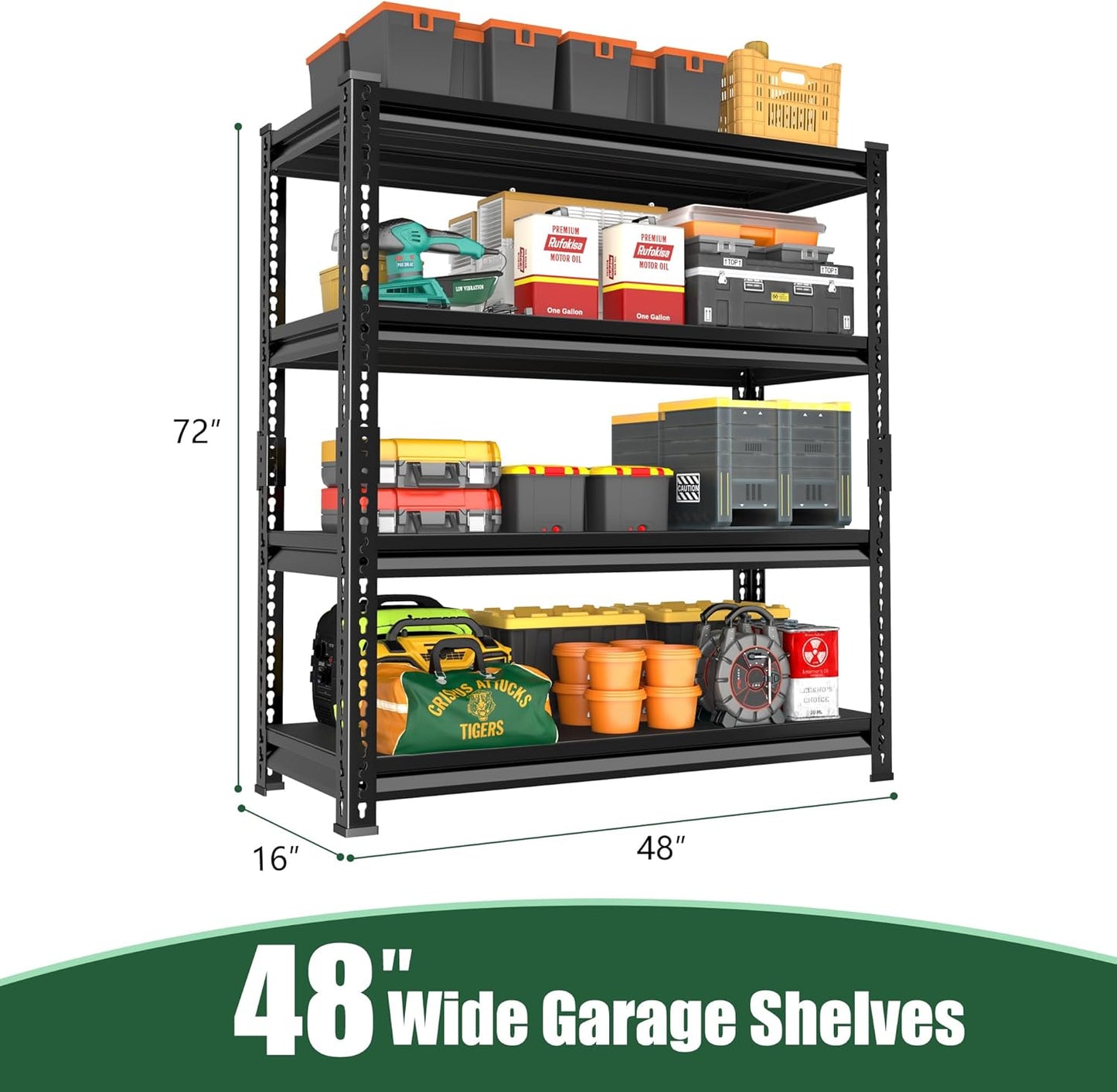 48" W Garage Shelving Heavy Duty，2000LBS Loads Adjustable Garage Storage Shelves, 4-Tier Metal Shelving Units and Storage Racks Heavy Duty, 48”W x 16”D x 72”H，Black