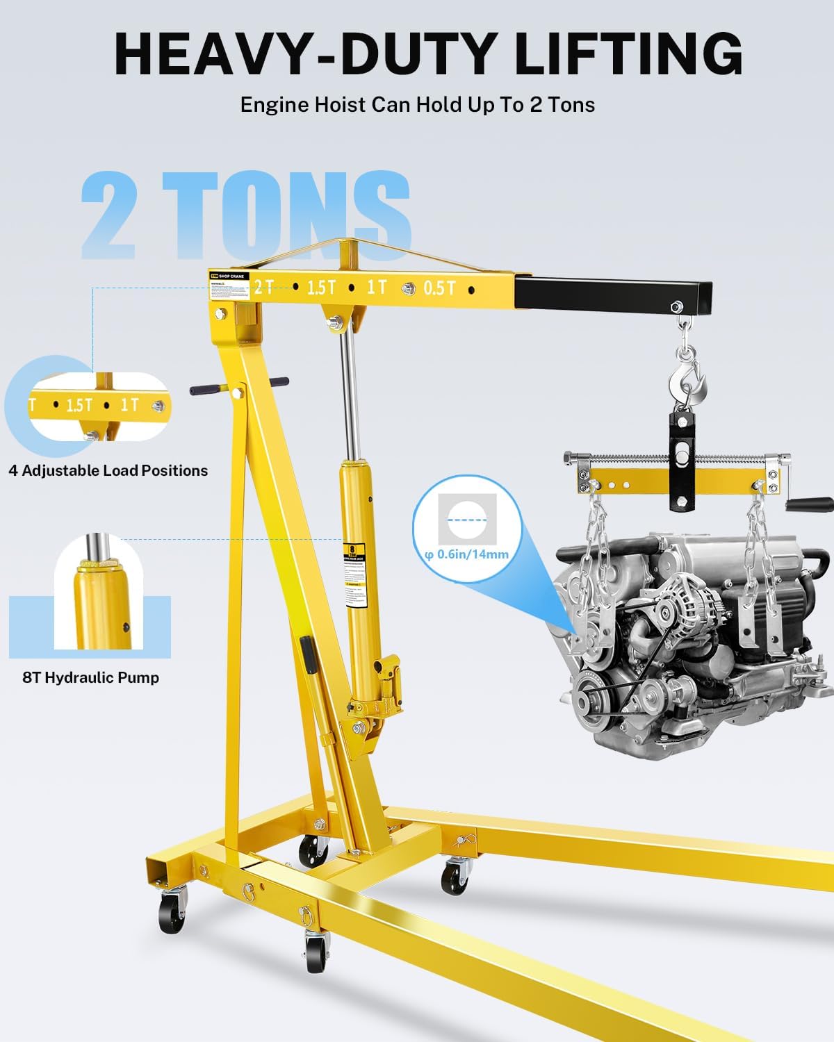 2-Ton Folding Engine Hoist with Lever, Hydraulic Shop Crane with 6 Swivel Wheels & Adjustable Boom (0.5T-2T), Heavy-Duty Cherry Picker for Garage, Workshop, Truck, Farm (Net Wt. 168 lbs)