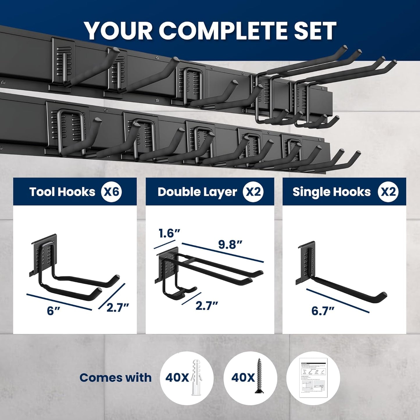 64'' All-Metal Garage Tool Organizer Wall Mount – Heavy-Duty Tool Rack Holds 680 lbs, Adjustable Hooks for Garage, Yard, and Garden Equipment