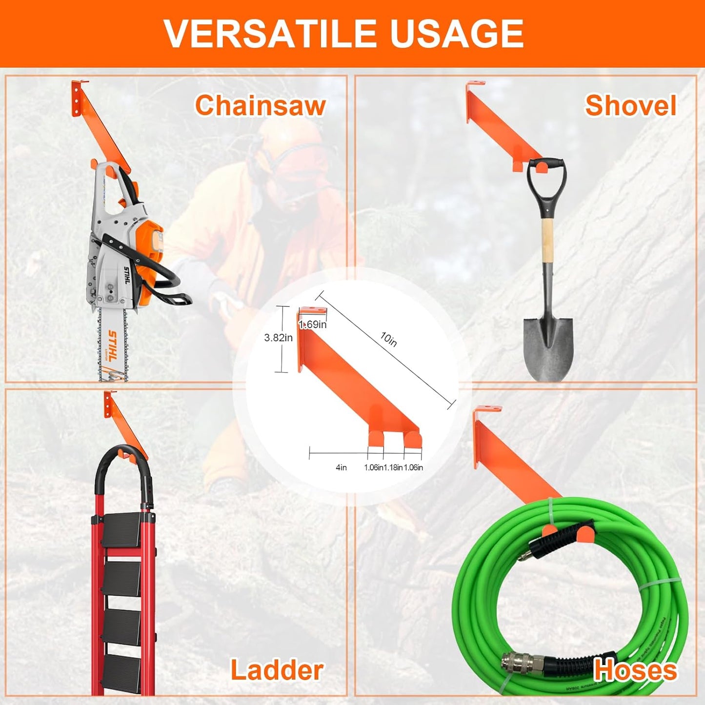 3 in 1 Chainsaw Holder 10" - Heavy Duty Chainsaw Wall Mount, 10 Gauge Steel Chain Saw Hanger for Garage Organization, Hefty Rack Storage Organizer for Chainsaw Accessories and Tools, 180 Lbs Capacity