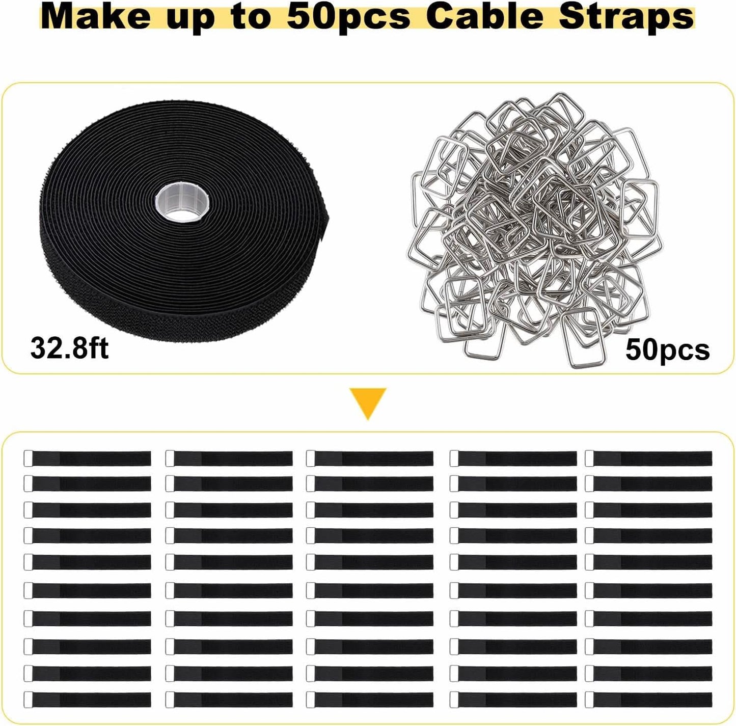 1"x32ft Hook and Loop Straps with 50 Metal Buckles, Adjustable Fastening Cable Straps, Cut-to-Length Cinch Strap, Reusable Nylon Securing Cord Ties for Organizer or Storage, 1 inch Wide, Black