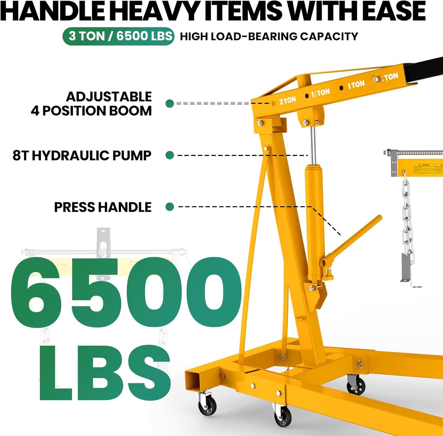 3 Ton Engine Hoist, Folding Hydraulic Cherry Picker Engine Lift, 6500LBS Alloy Steel Engine Crane with Lever, 6 Swivel Wheels and Engine Leveler, Garage Auto Repair Tools (2Ton Yellow)