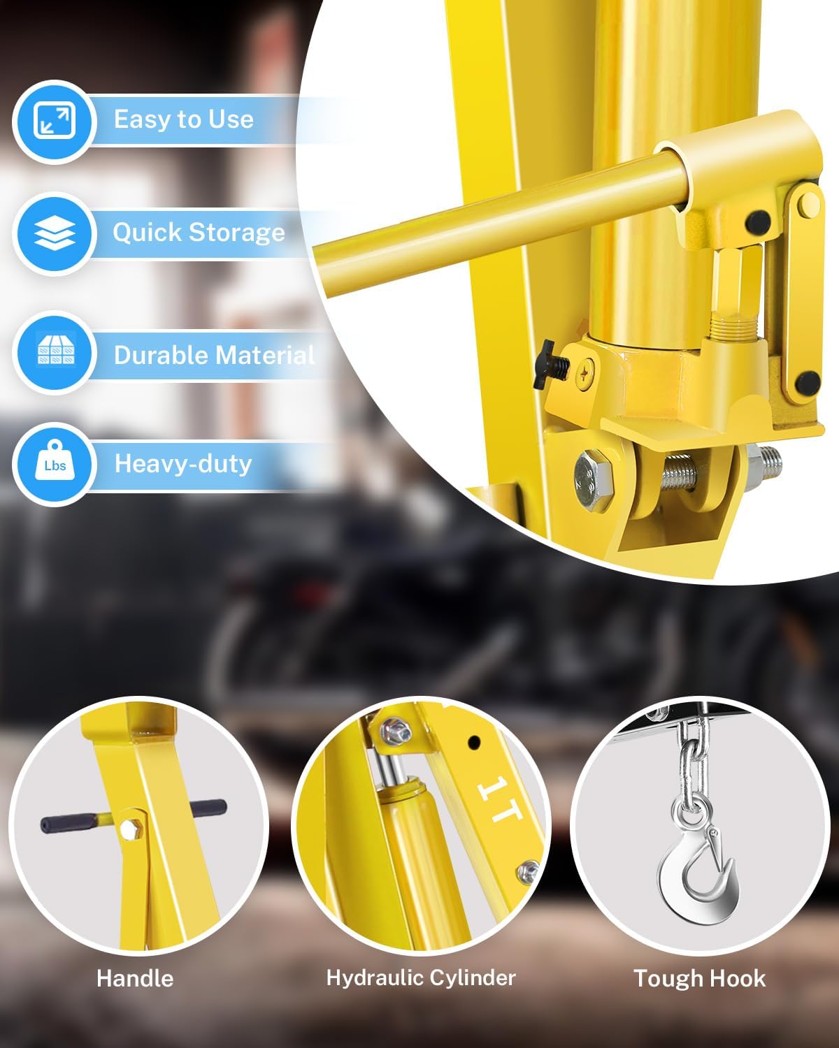 2-Ton Folding Engine Hoist, Hydraulic Shop Crane with 6 Swivel Wheels & Adjustable Boom (0.5T-2T), Heavy-Duty Cherry Picker for Garage, Workshop, Truck, Farm (Net Wt. 157 lbs)