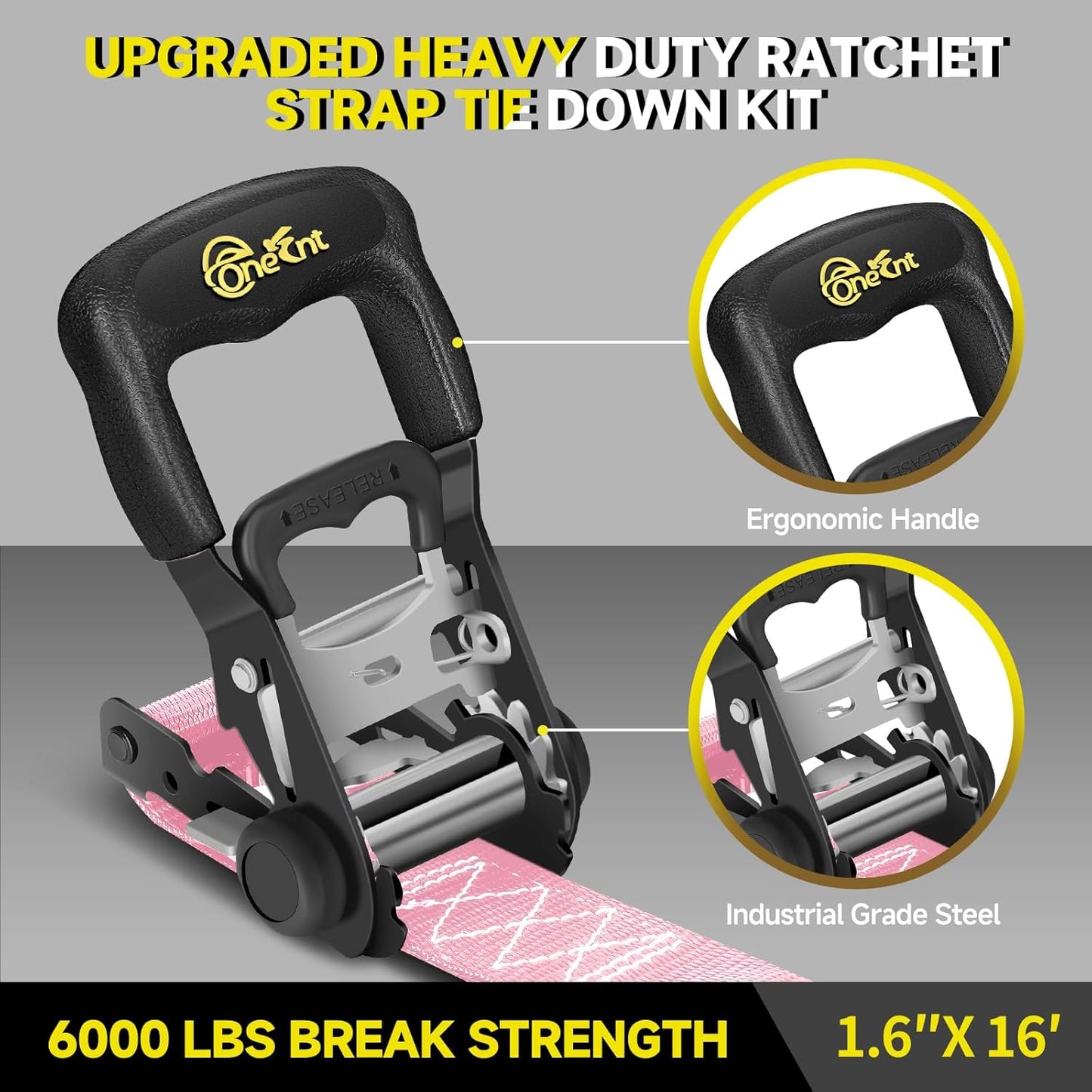 4Pcs Heavy Duty Ratchet Straps-1.6”x16ft Ratchet Strap Tie Down Kit with Padded Handles+Coated S Hooks+Soft Loop Tie-Downs-6000 Pound Break Strength（Pink）