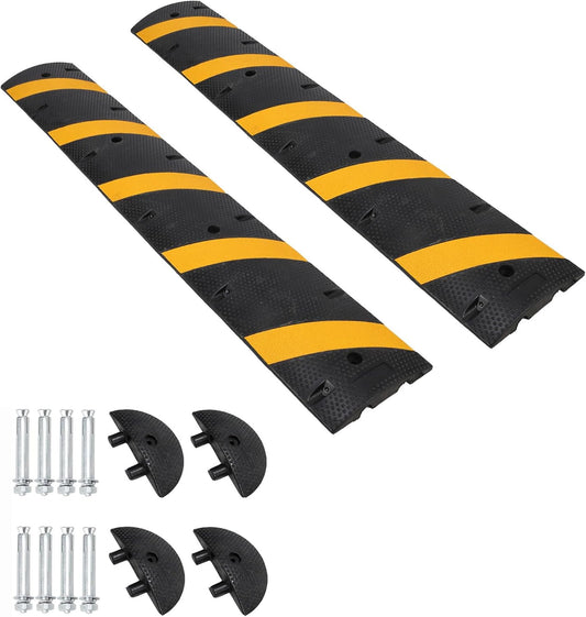 6FT Speed Bumps Wite End for Road, Heavy-Duty 25,000 Lbs Capacity Traffic Rubber Speed Humps with 2 Channel Floor Cord Cover for Asphalt Concrete Gravel Driveway Road