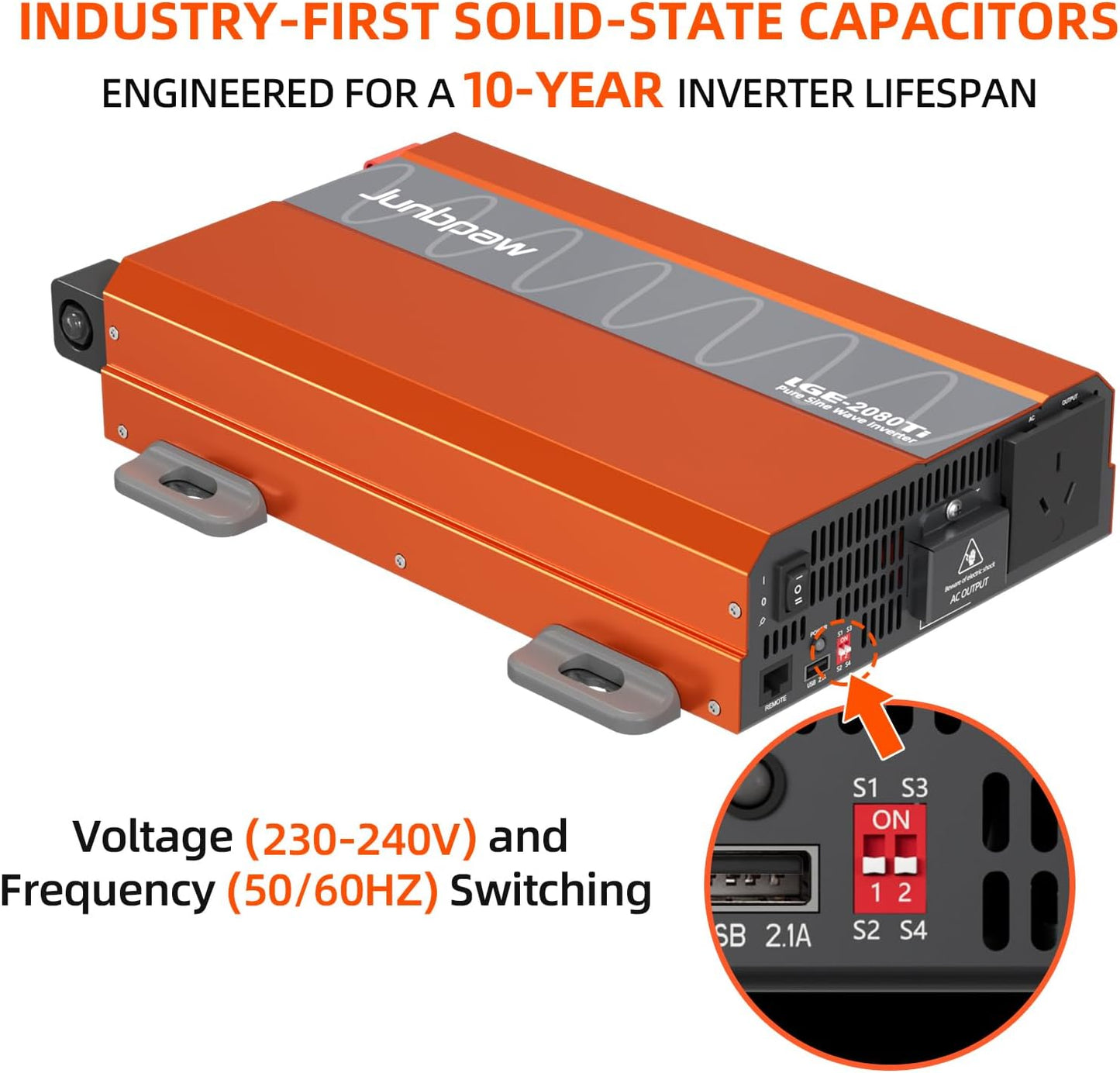 2080W Pure Sine Wave Inverter, 12V DC to 110V/120V AC, 6000W Peak, 5V/2.1A USB, Quiet Fan, Capacitor, Off-Grid Solar Power for RV, Camping, Emergency, Truck (LGE-24-2080TI)