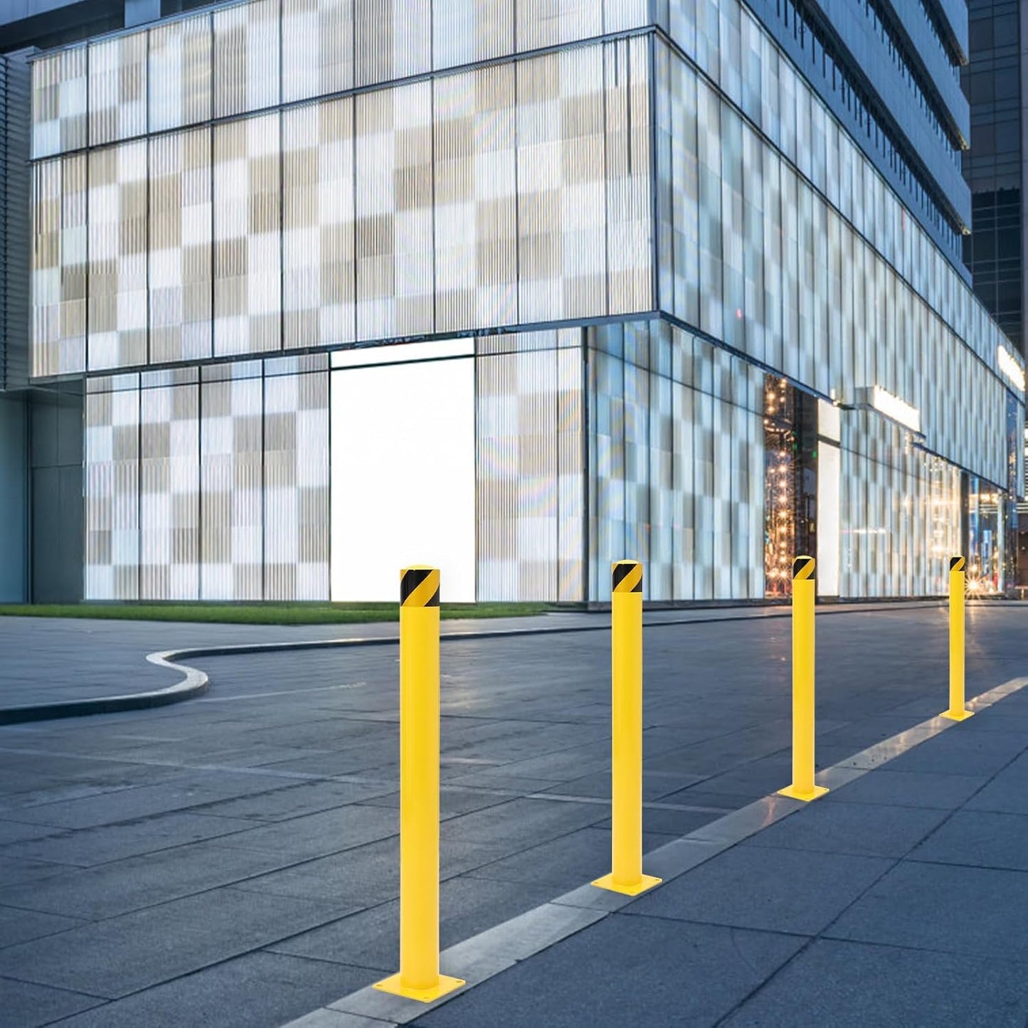 6Pcs Heavy Duty Safety Bollards, 42" Height, 4.5" Diameter Steel Pipe Bollard Post with 24 Anchor Bolts, High-Visibility Yellow Parking Bollard for Traffic Control, Warehouses, & Pedestrian Safety